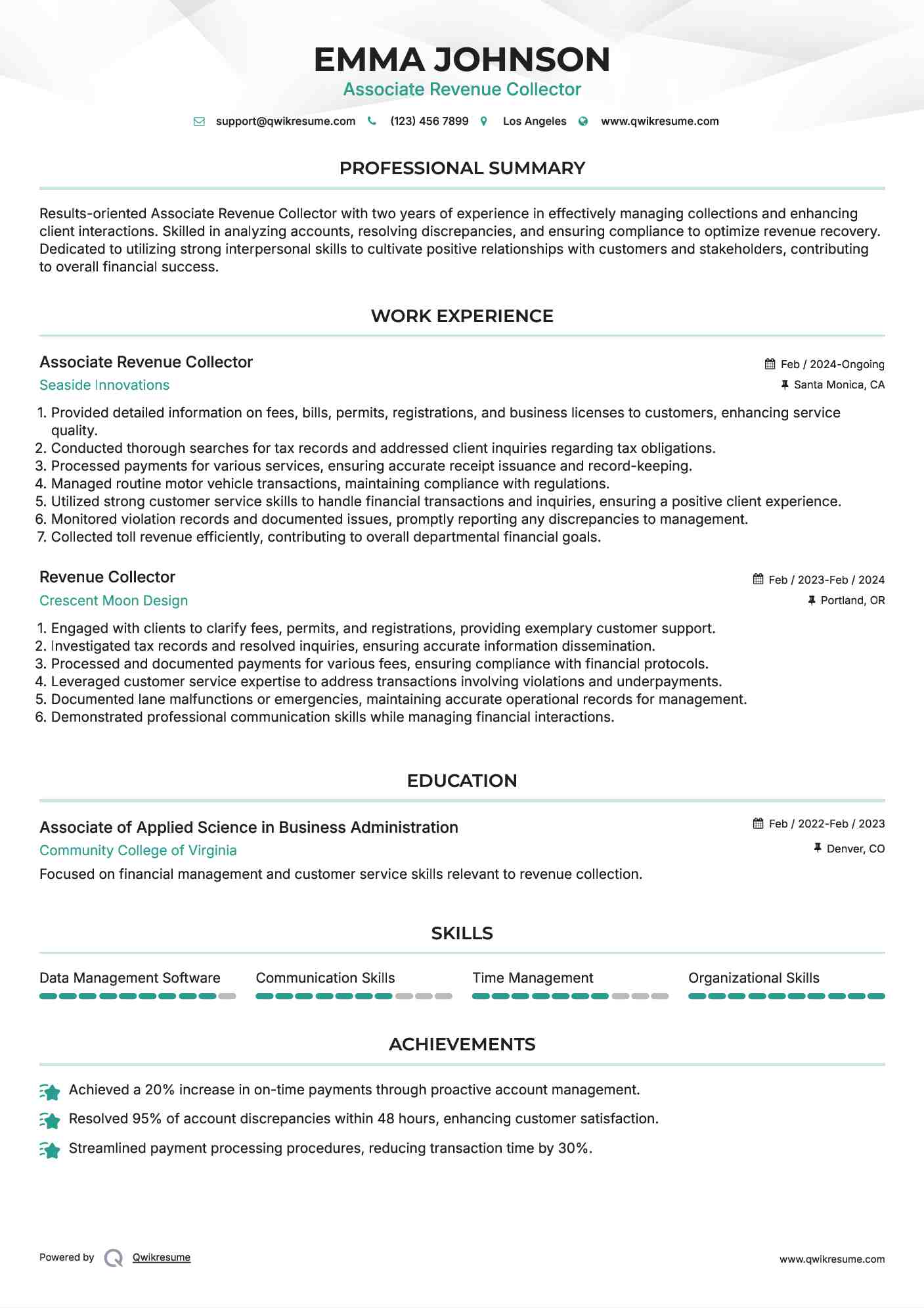 Associate Revenue Collector Resume Example
