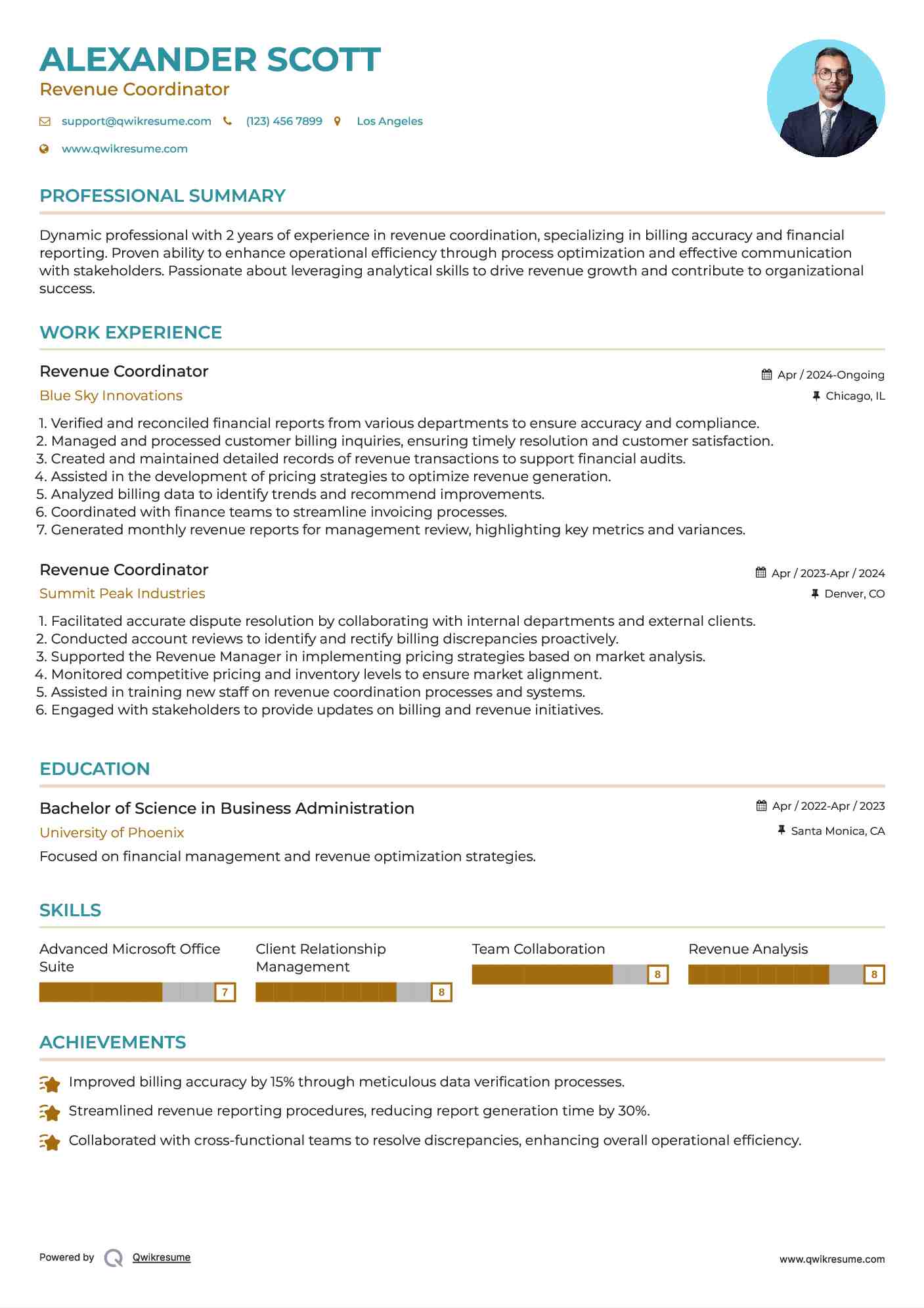 Revenue Coordinator Resume Sample
