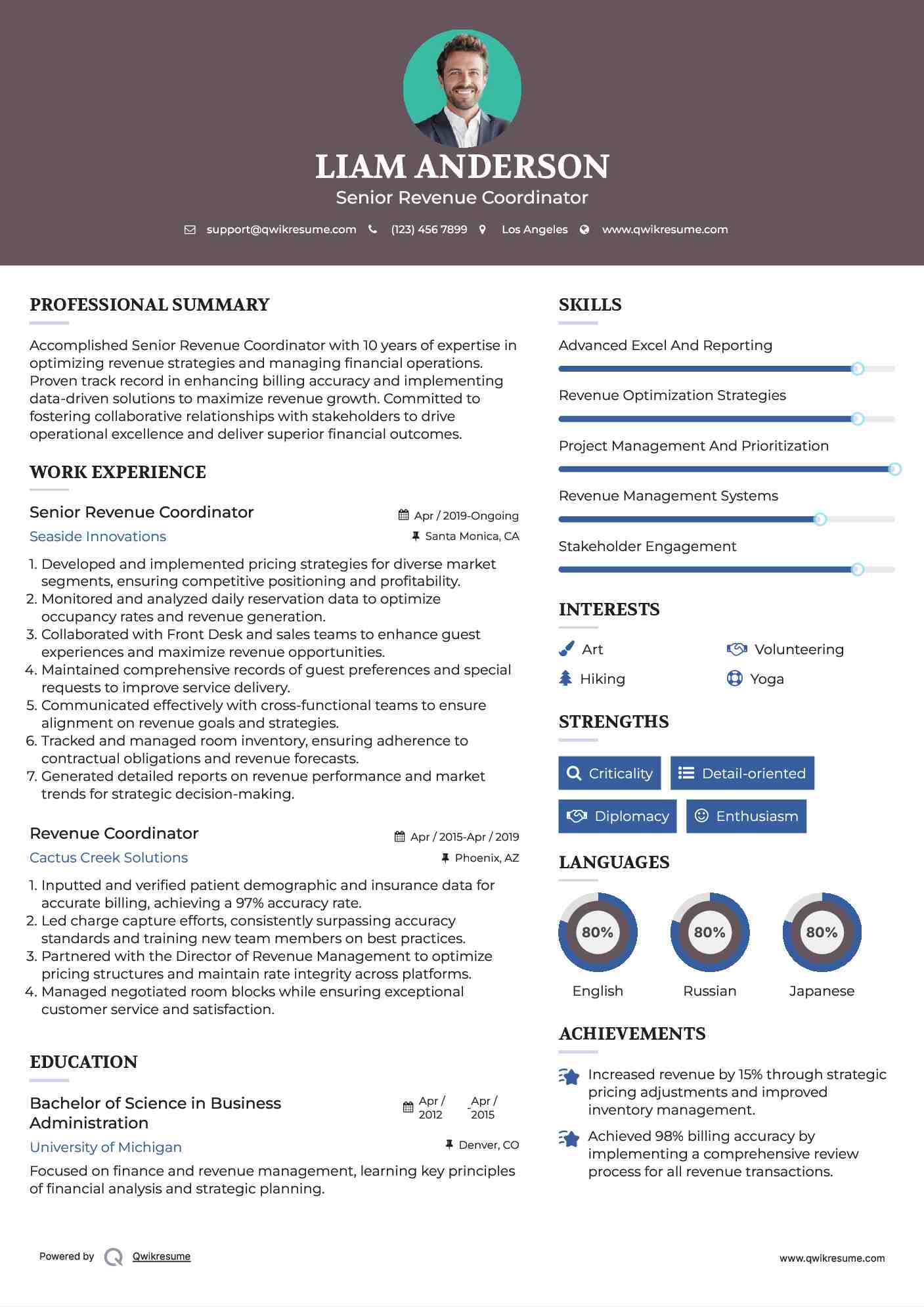 Senior Revenue Coordinator Resume Model