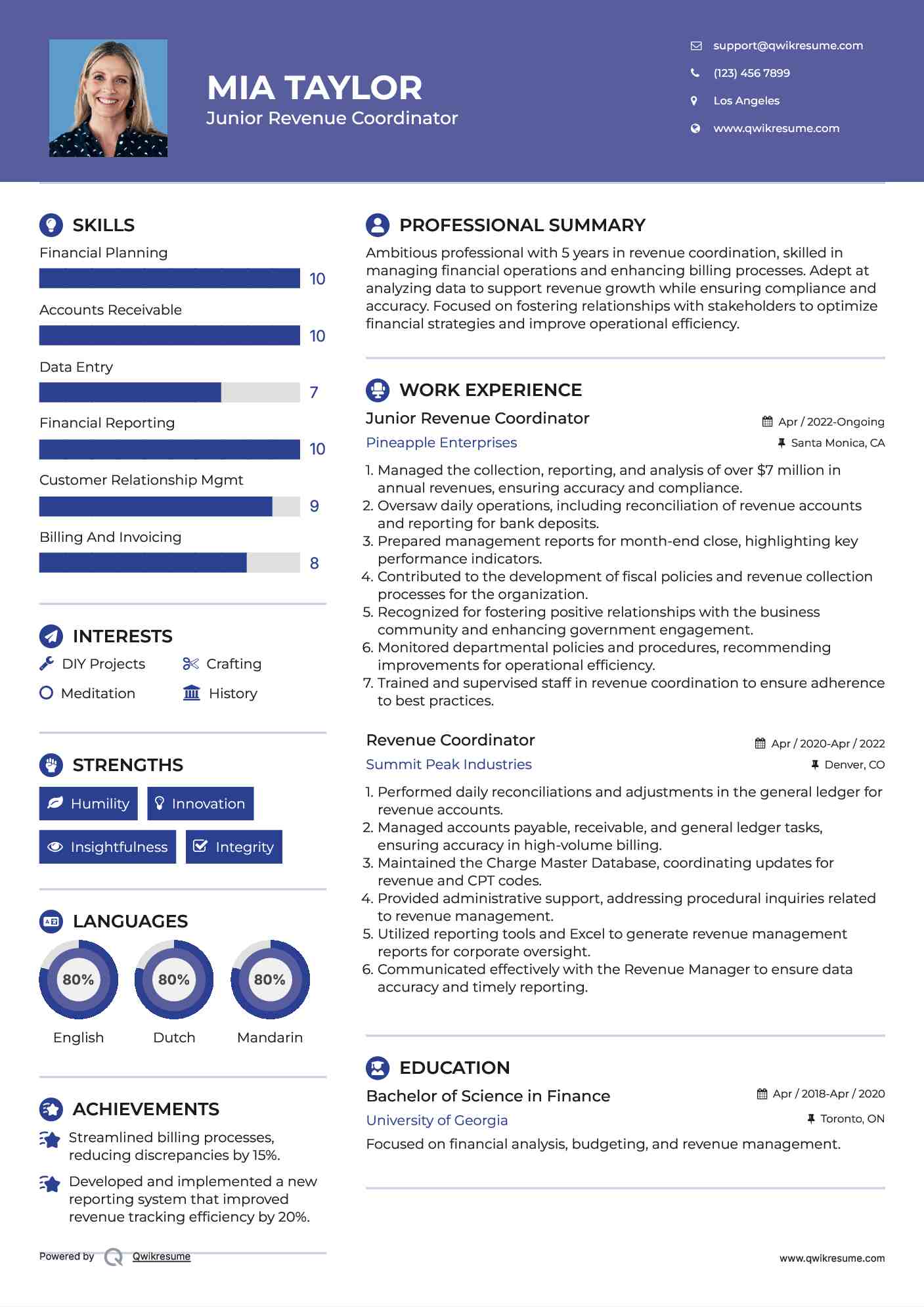 Junior Revenue Coordinator Resume Template