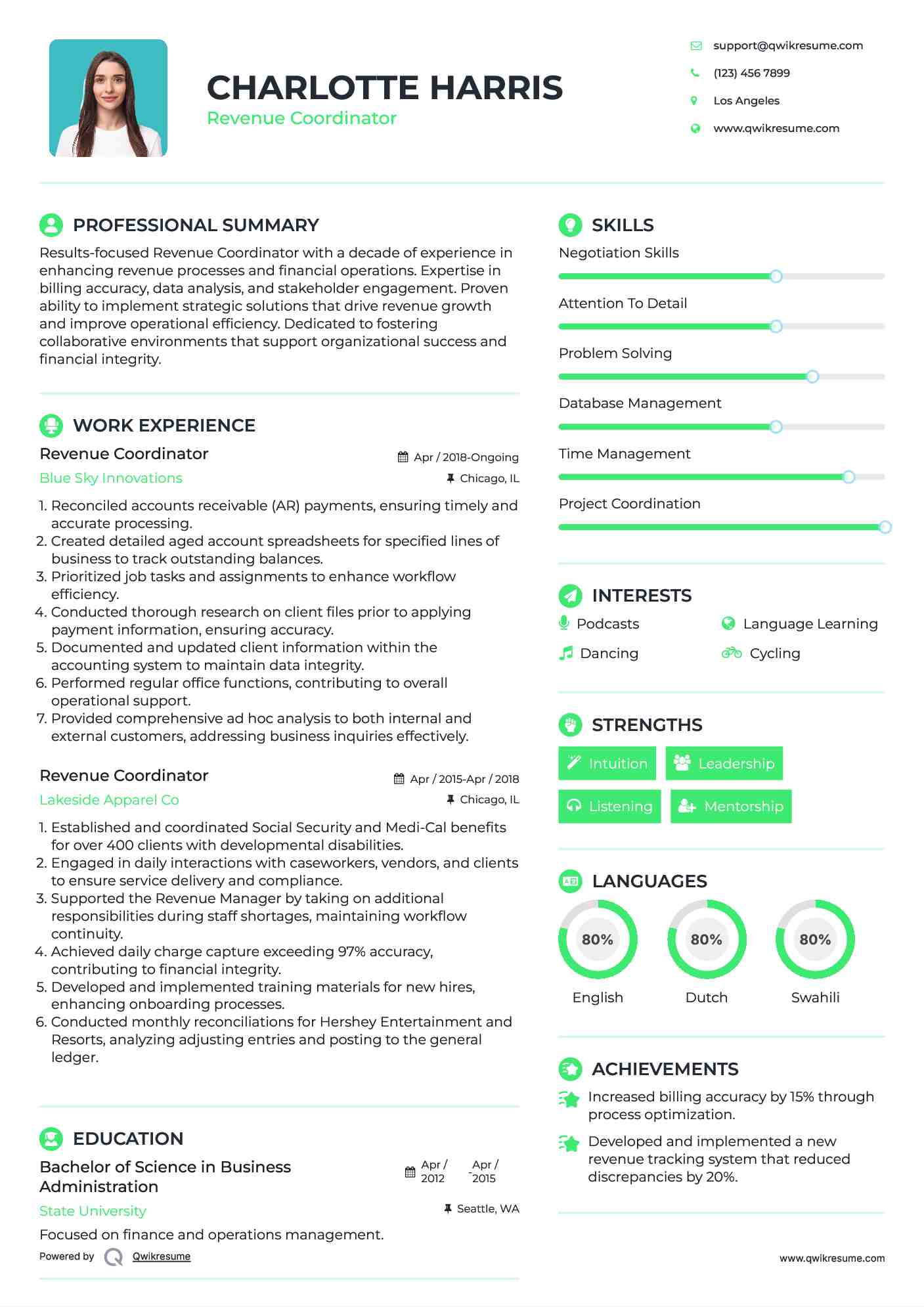 Revenue Coordinator Resume Example