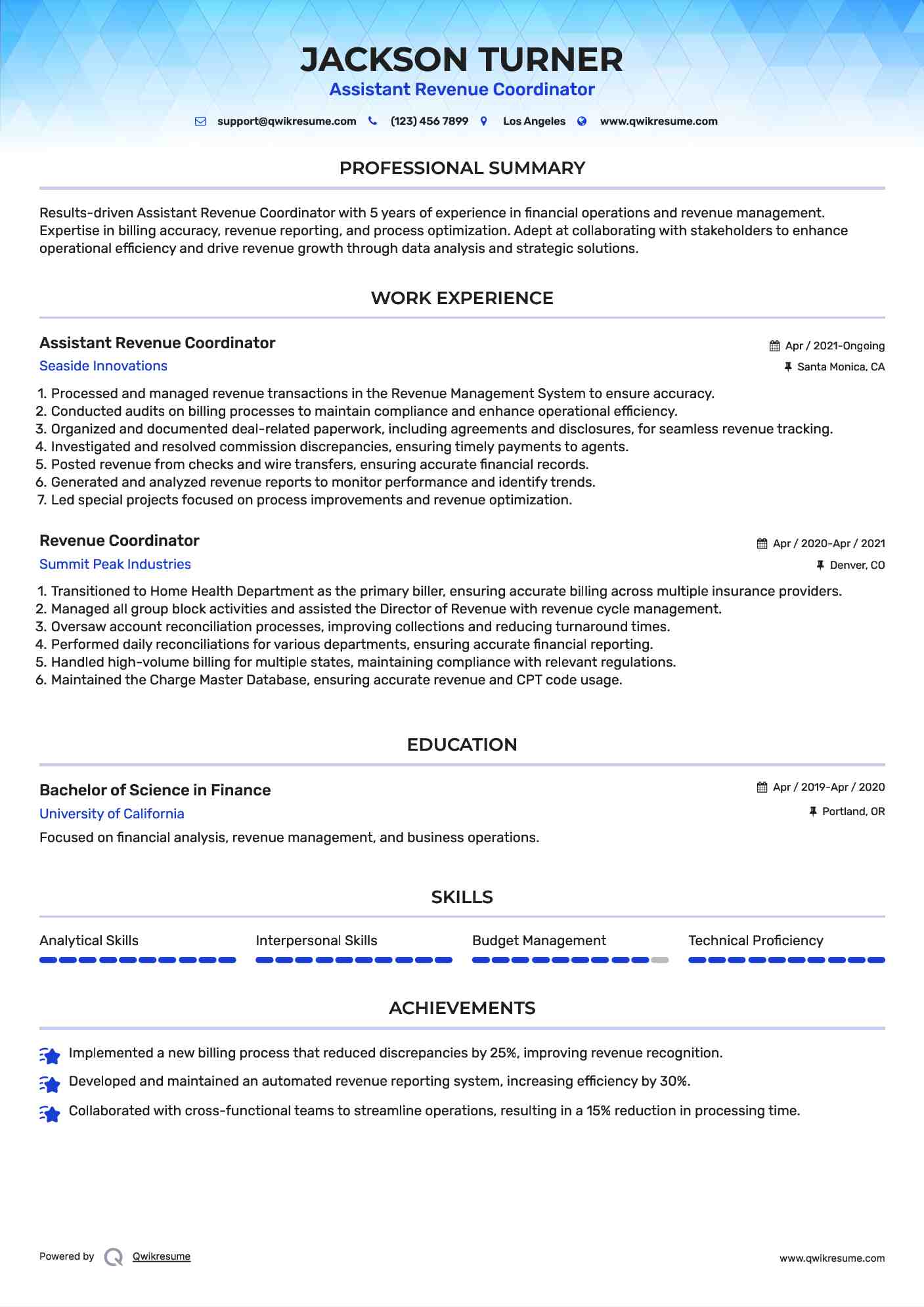 Assistant Revenue Coordinator Resume Sample