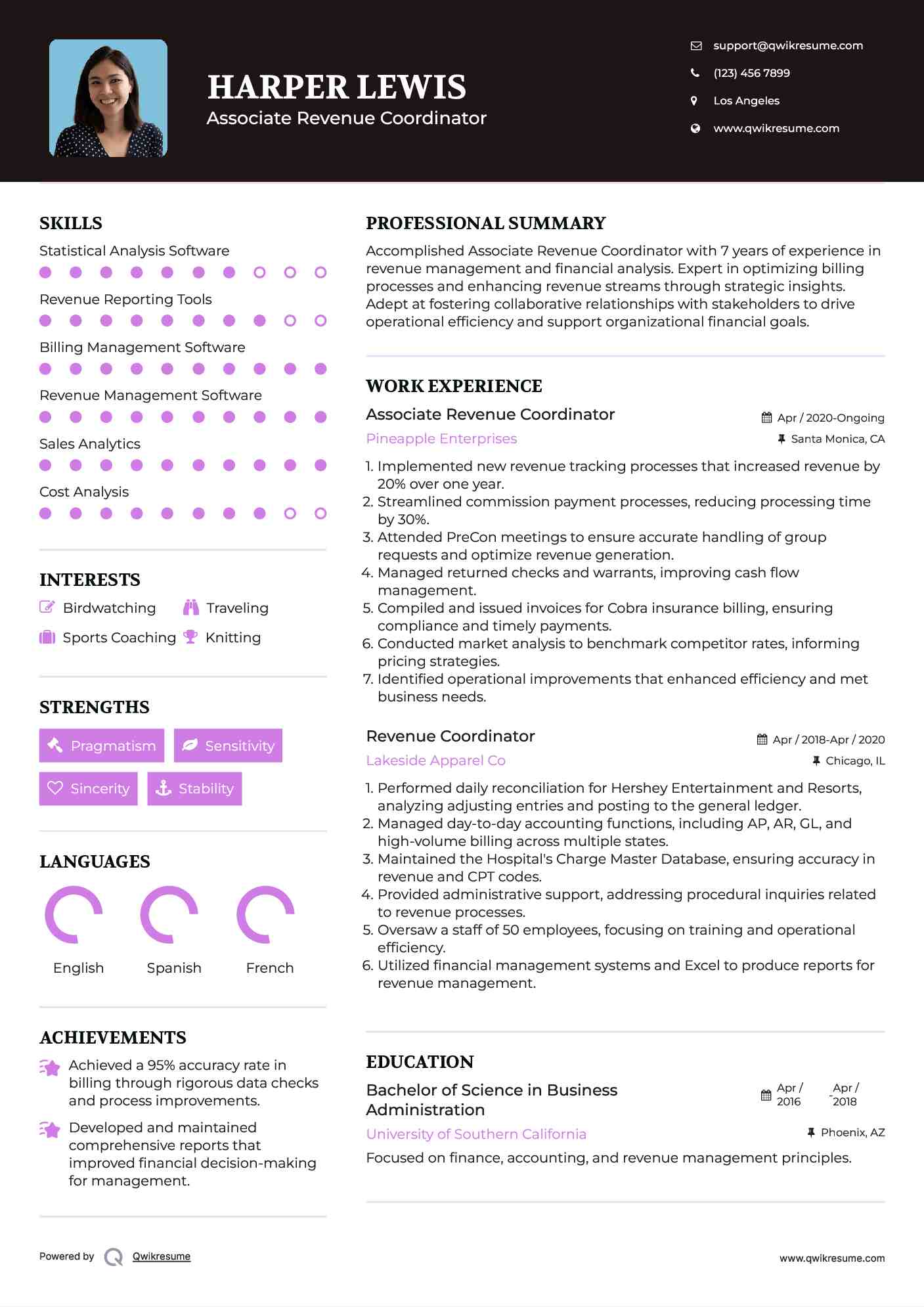 Associate Revenue Coordinator Resume Example