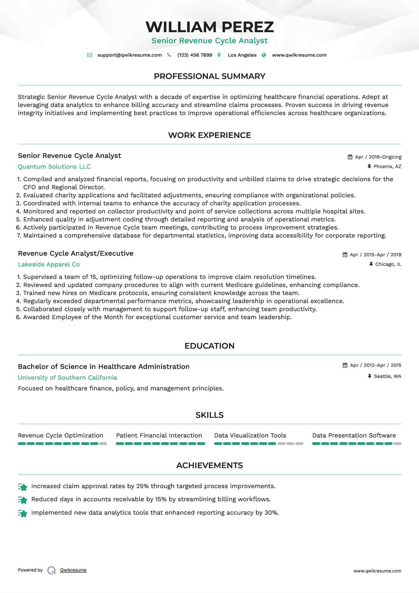 Senior Revenue Cycle Analyst Resume Sample