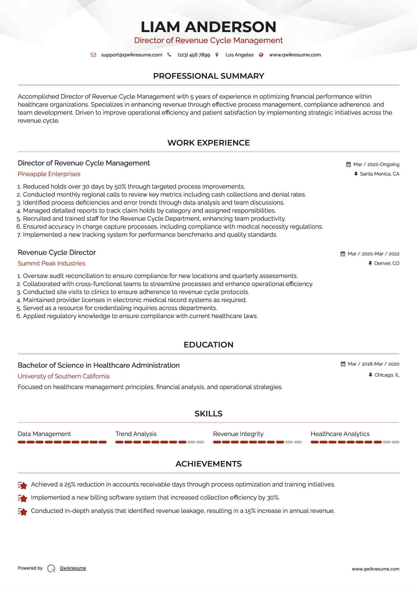 Director of Revenue Cycle Management

 Resume Example