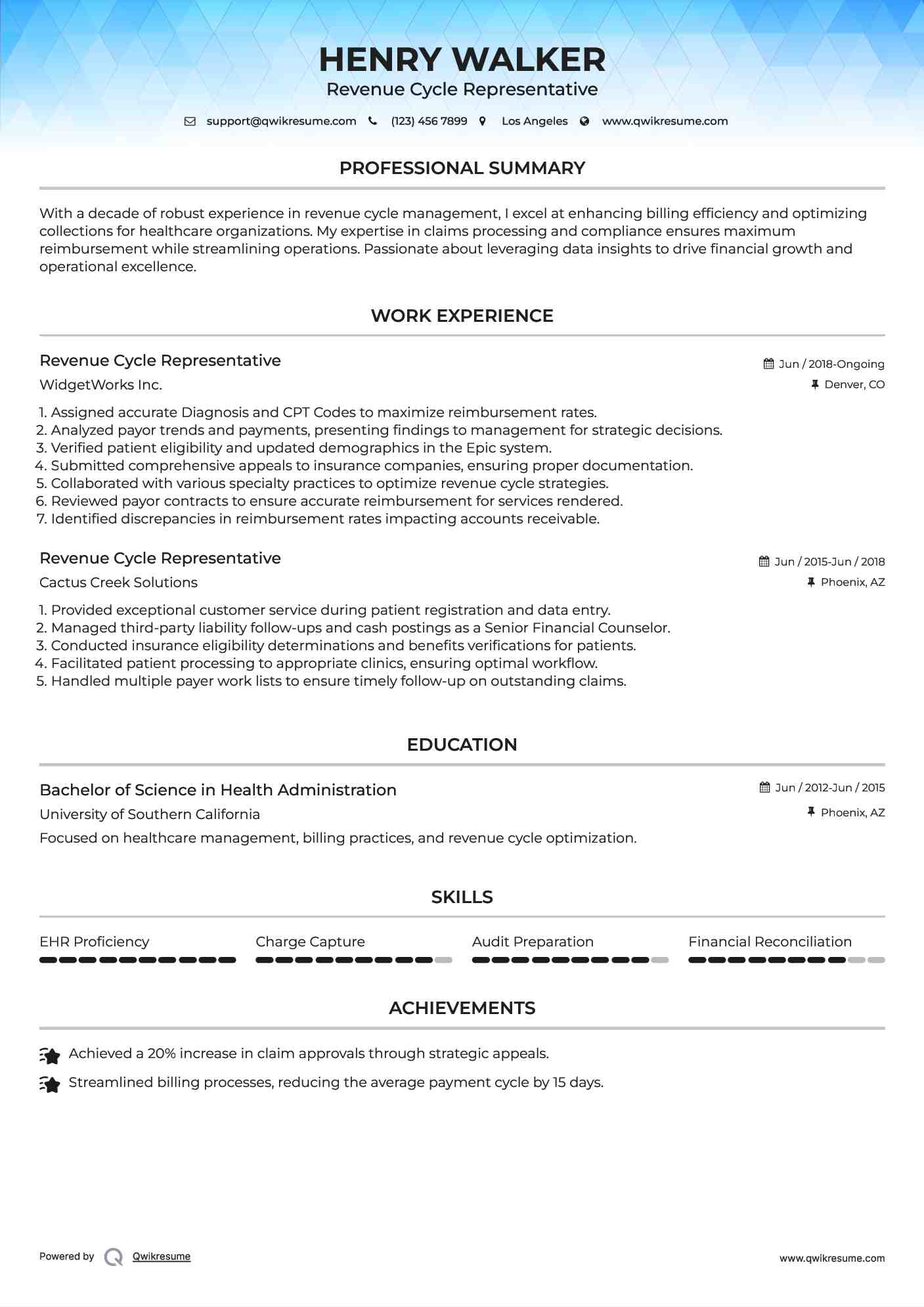 Revenue Cycle Representative Resume Template
