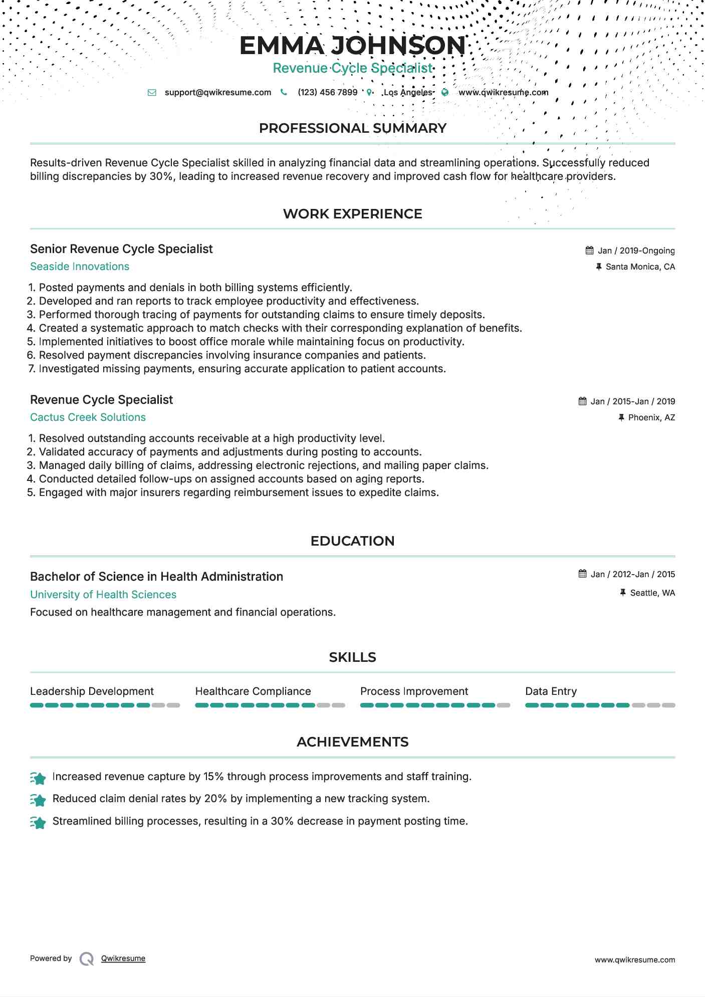 Senior Revenue Cycle Specialist Resume Sample