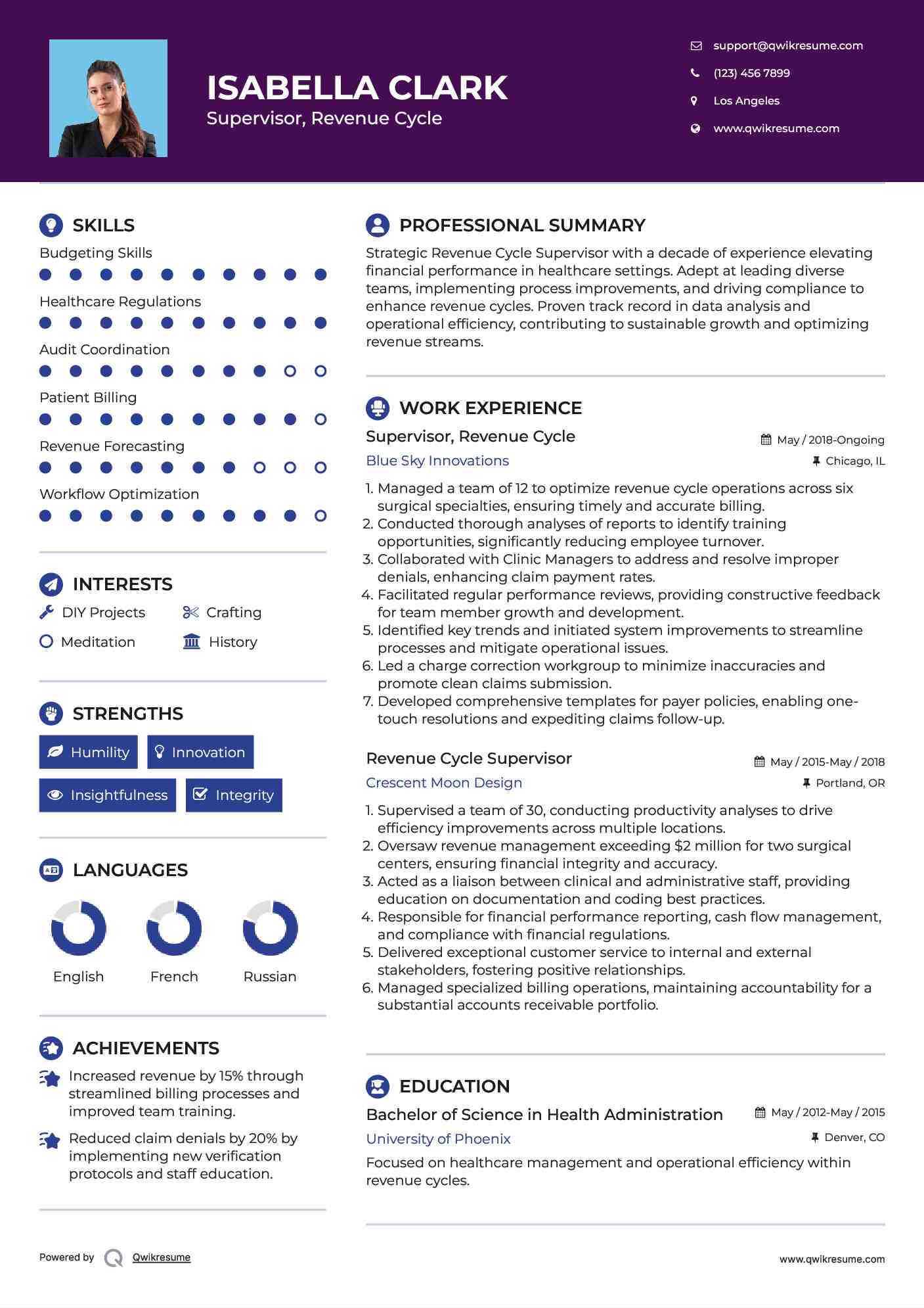 Supervisor, Revenue Cycle Resume Sample