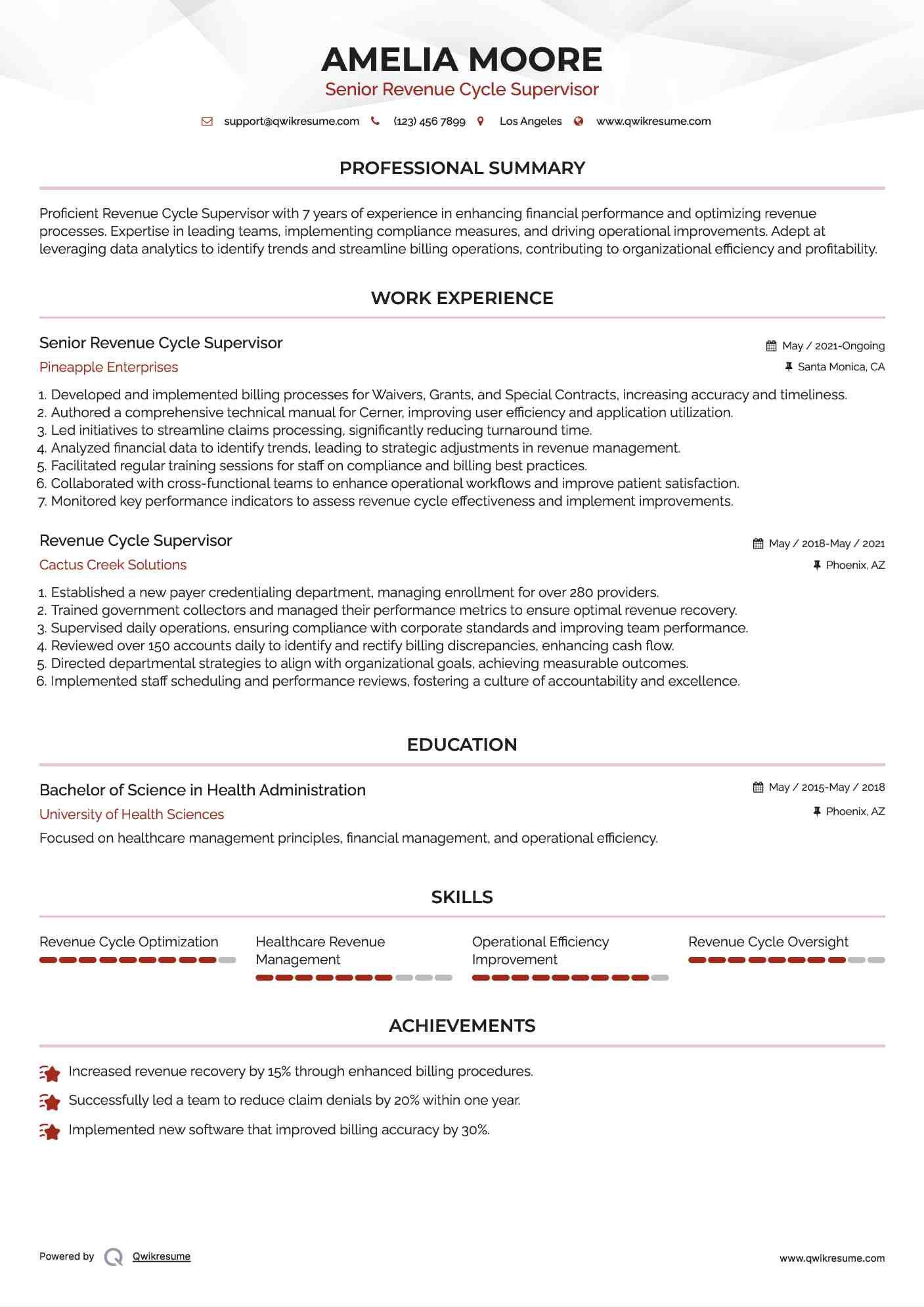 Senior Revenue Cycle Supervisor Resume Template