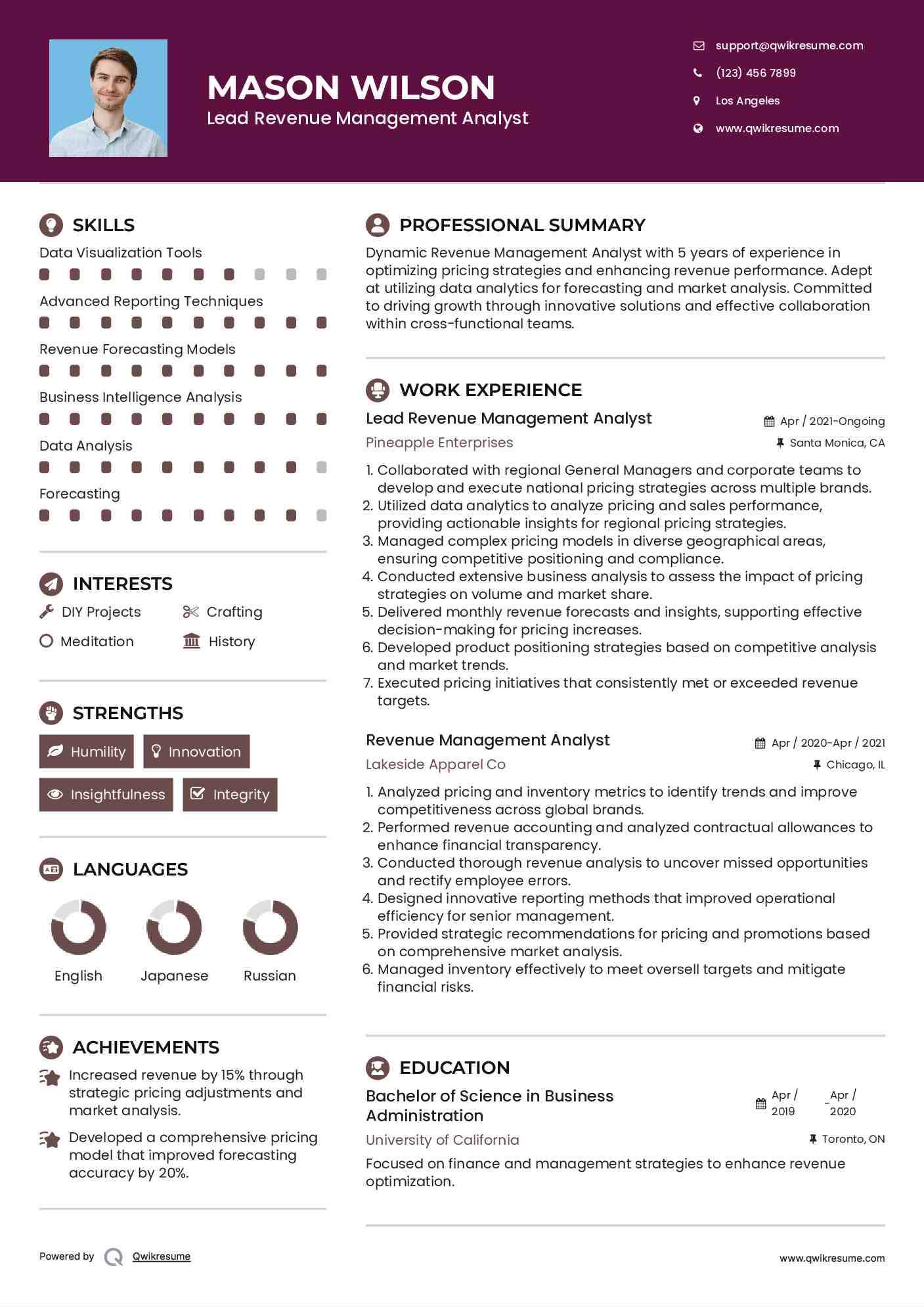 Lead Revenue Management Analyst Resume Format