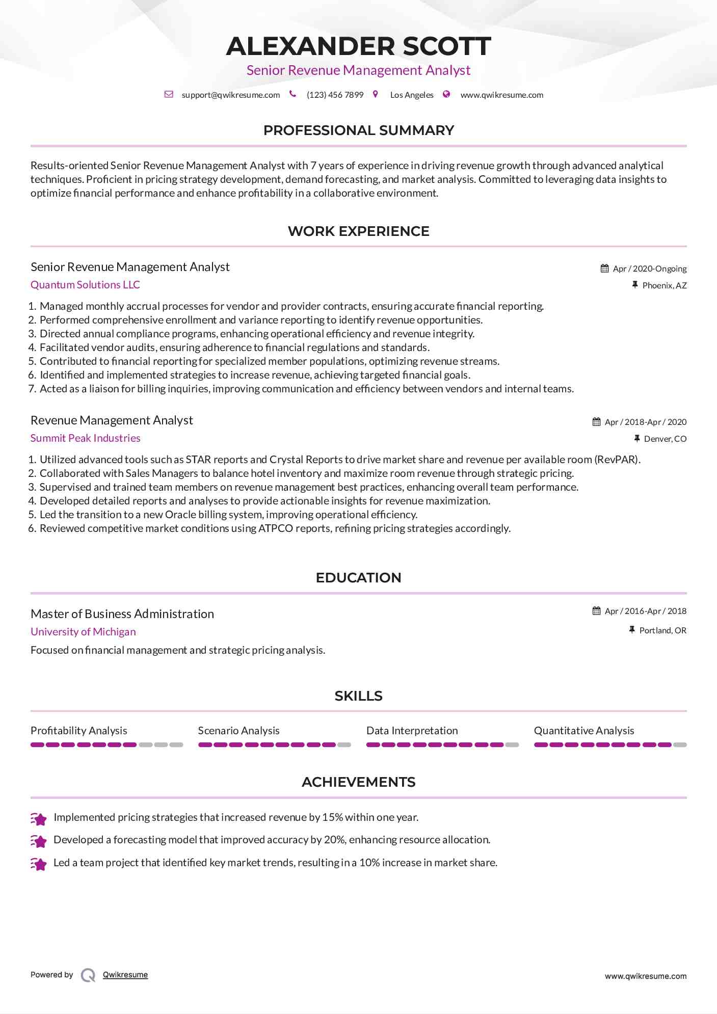 Senior Revenue Management Analyst Resume Template