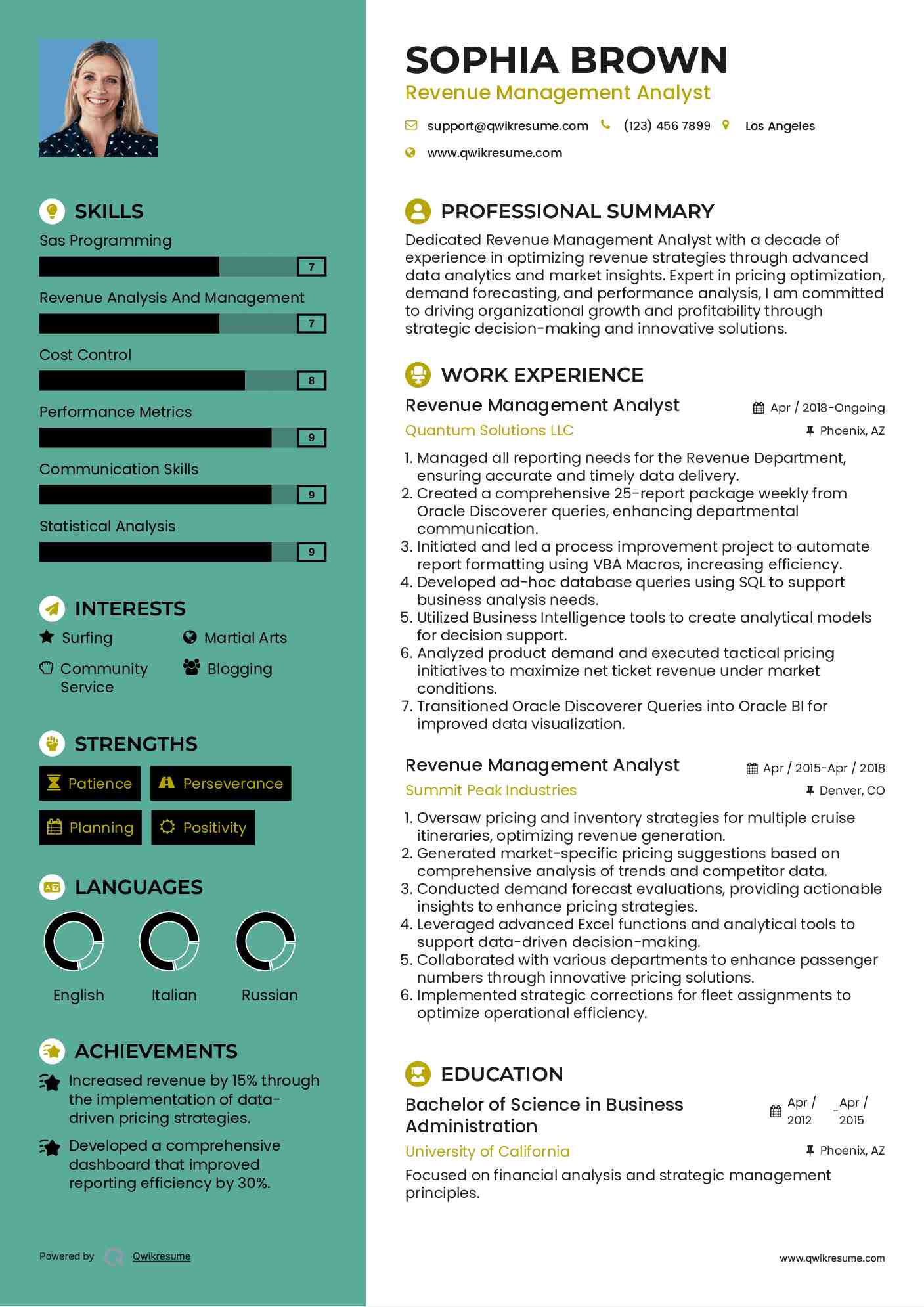 Revenue Management Analyst Resume Example