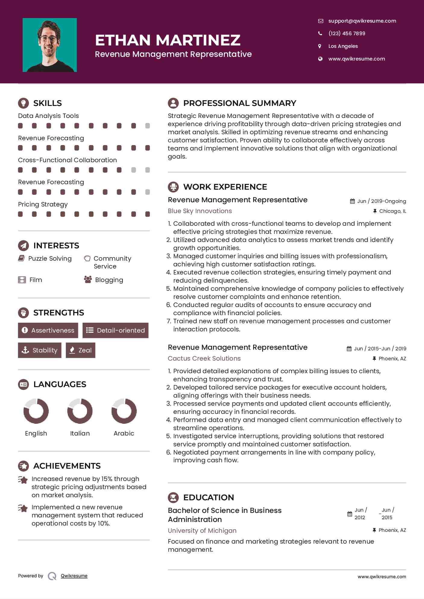 Revenue Management Representative Resume Format