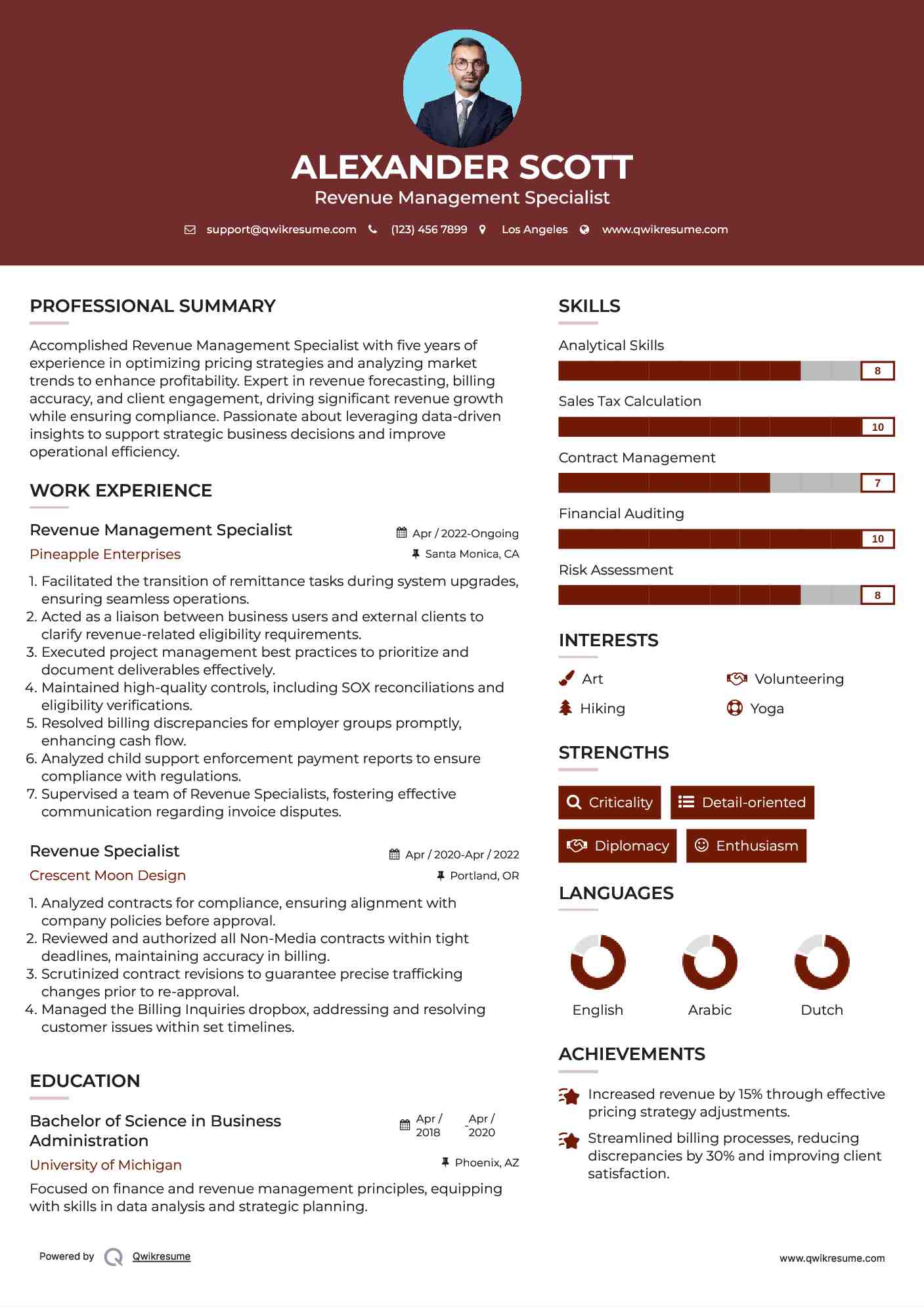 Revenue Management Specialist Resume Sample