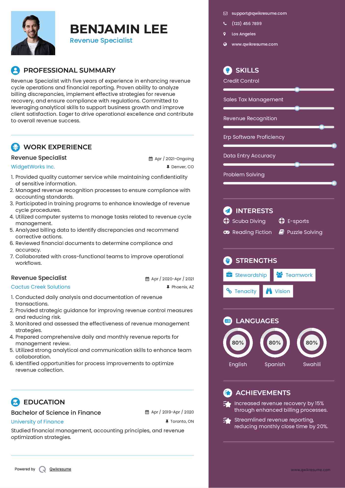 Revenue Specialist Resume Template