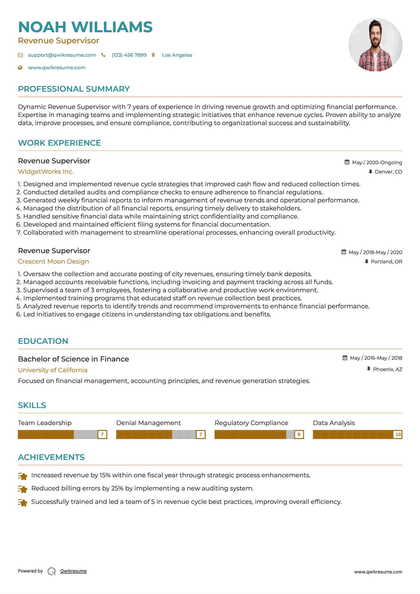 Revenue Supervisor Resume Sample