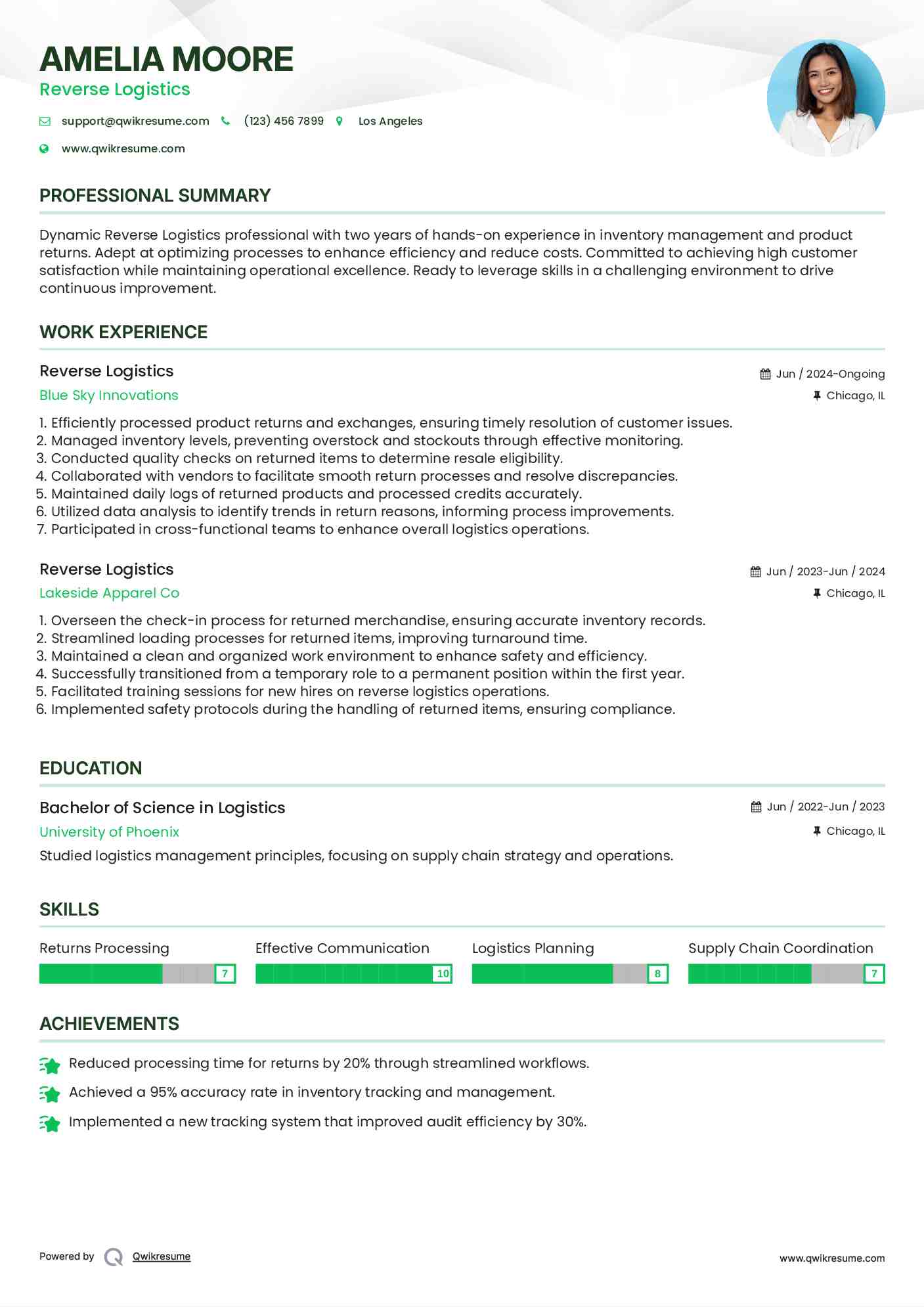 Reverse Logistics Resume Example
