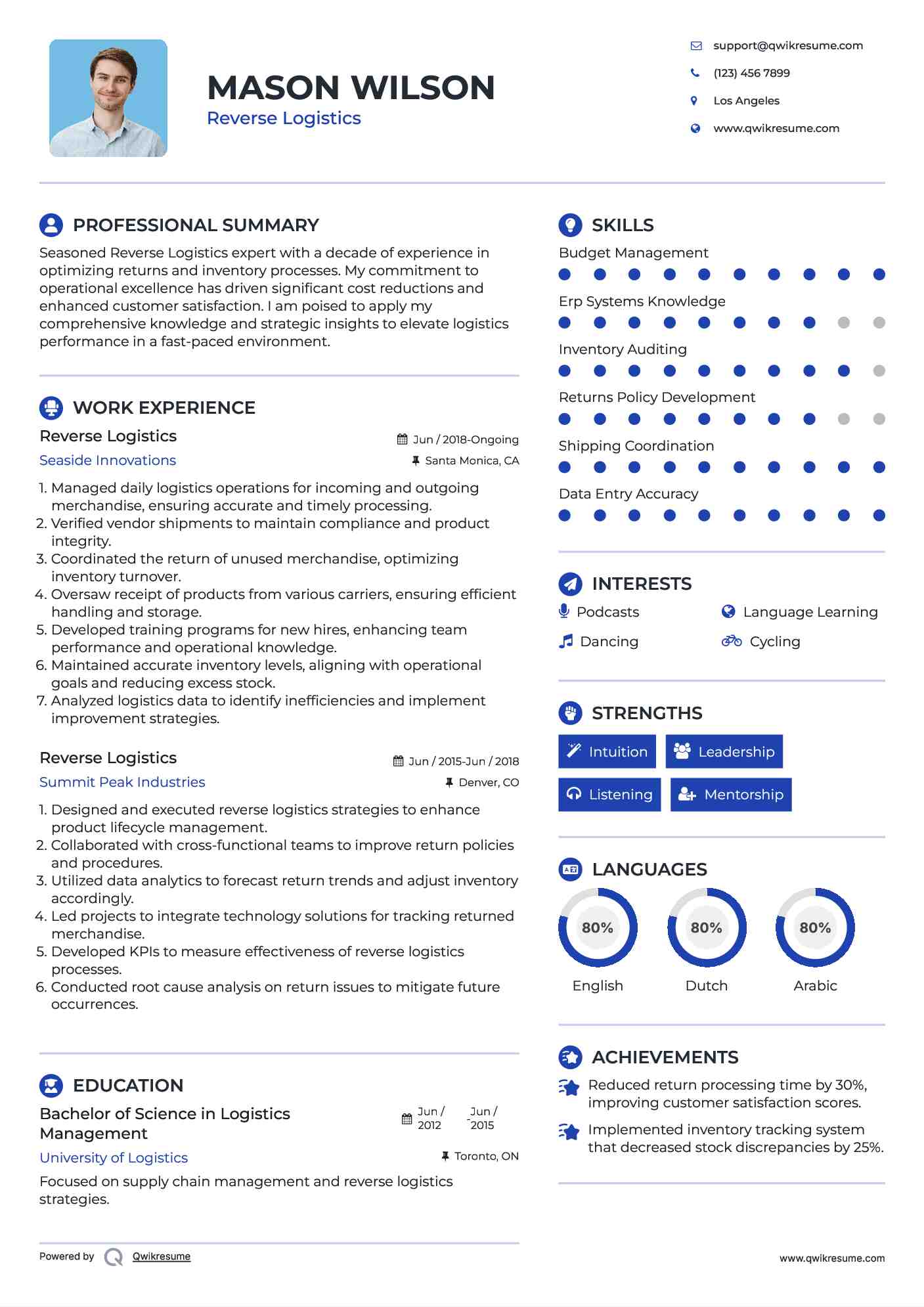 Reverse Logistics Resume Example