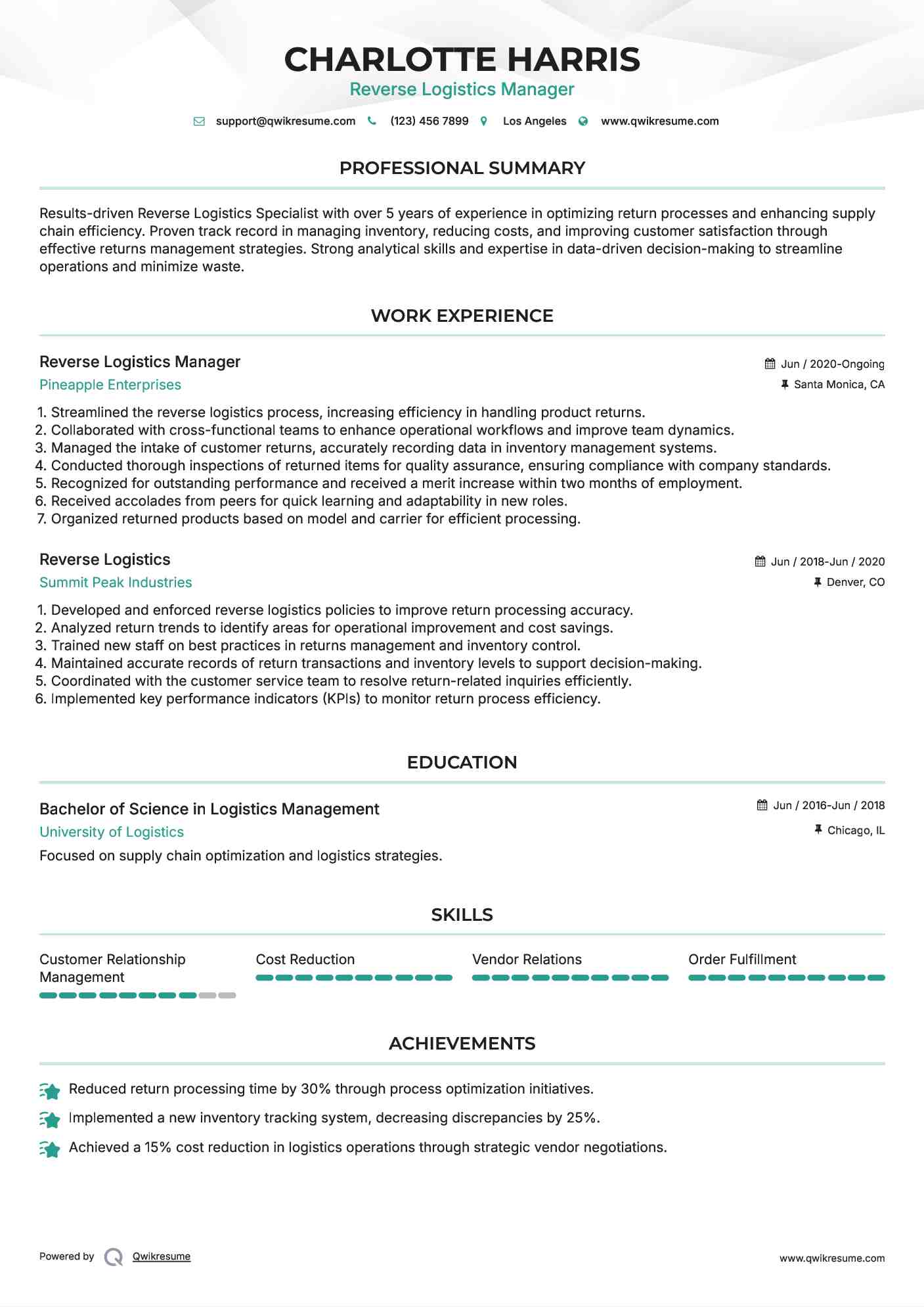 Reverse Logistics Manager Resume Model