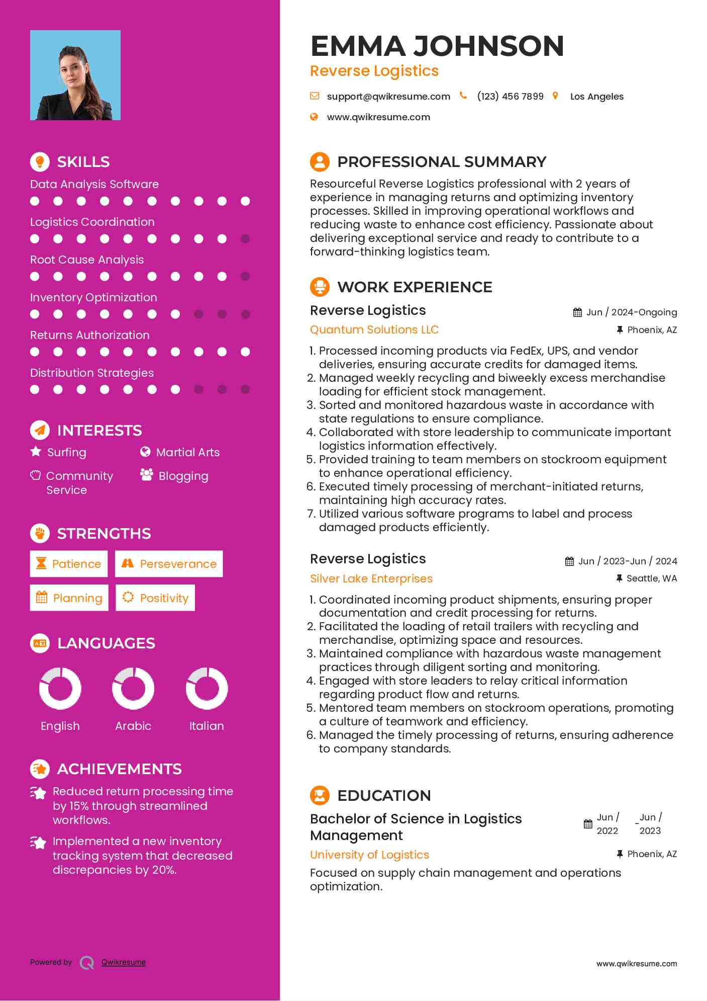 Reverse Logistics Resume Sample