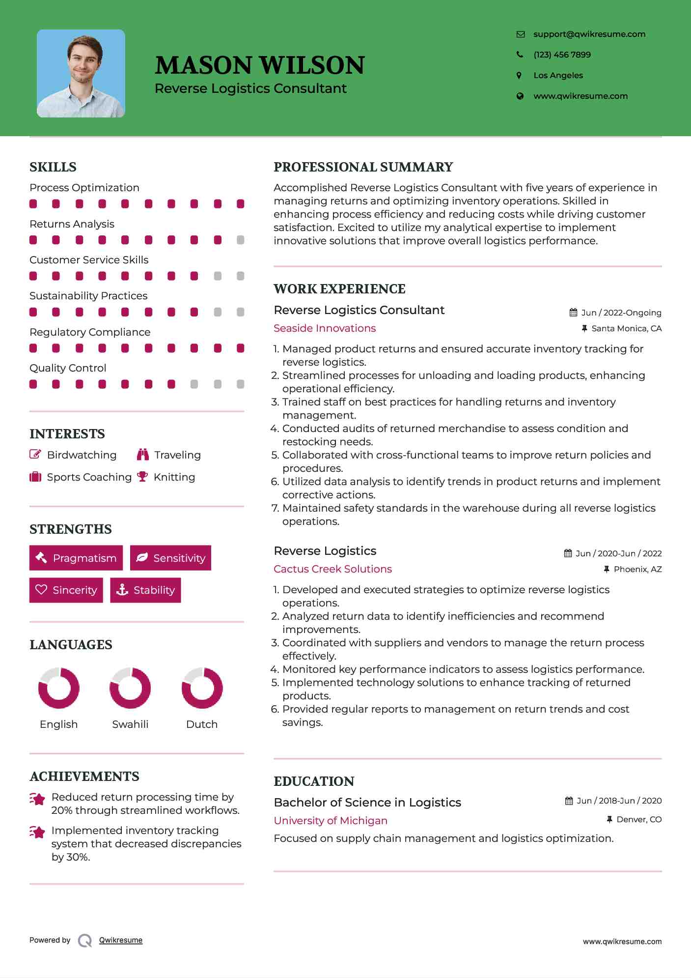 Reverse Logistics Consultant Resume Format