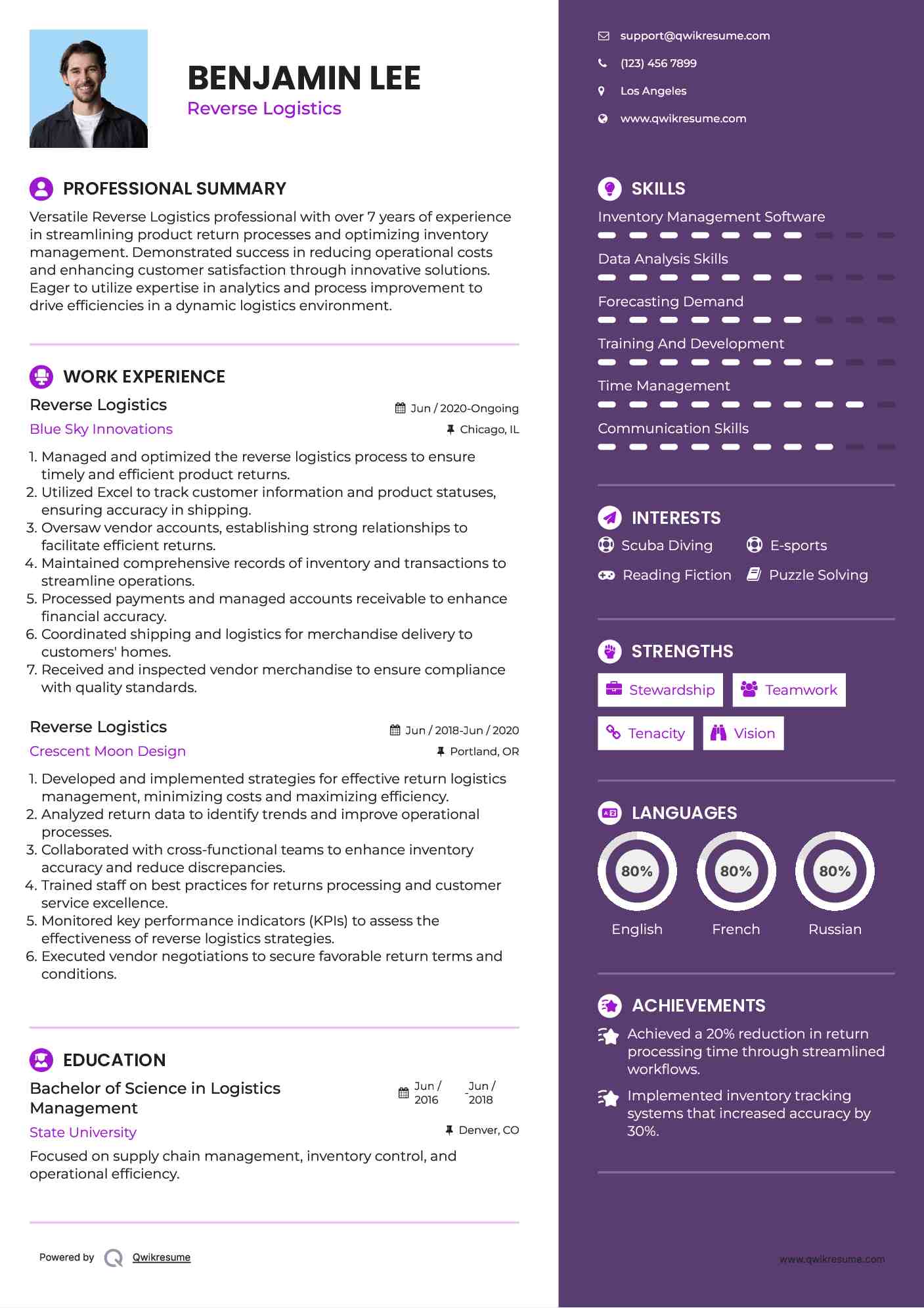 Reverse Logistics Resume Example