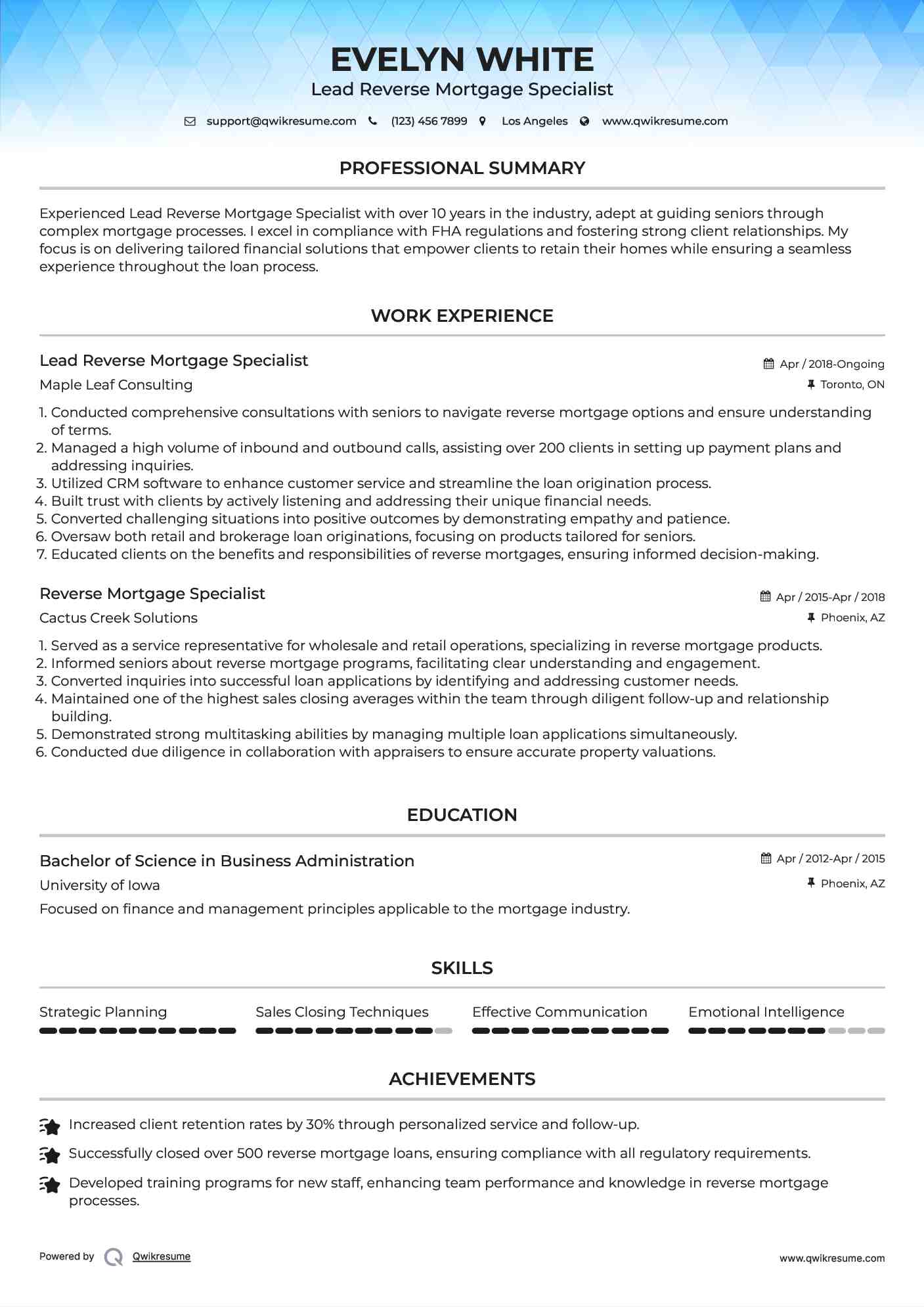 Lead Reverse Mortgage Specialist Resume Model