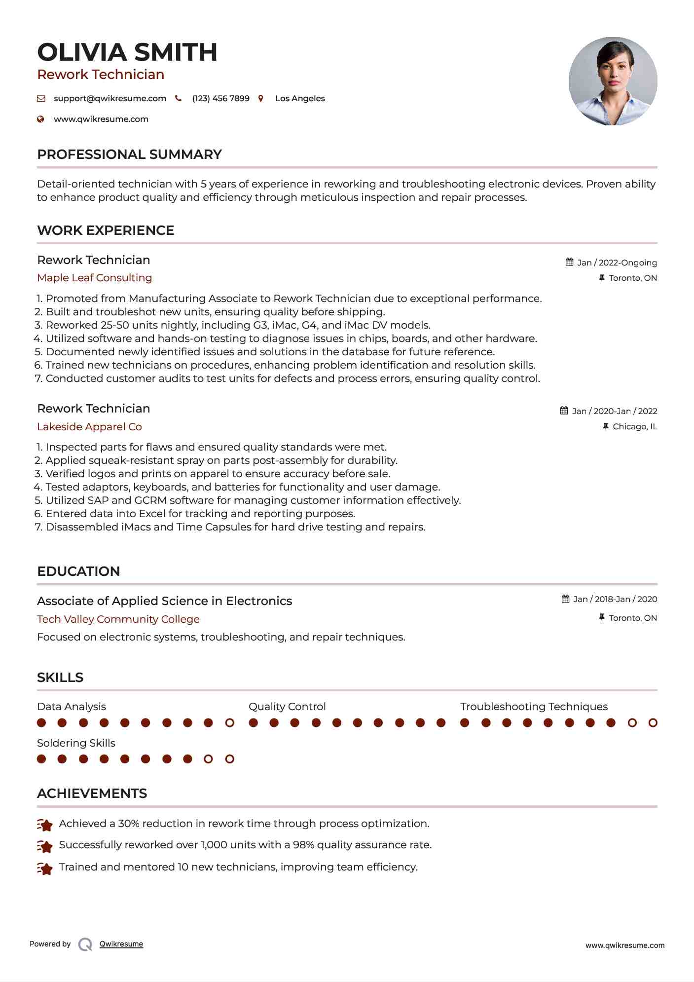 Rework Technician Resume Sample