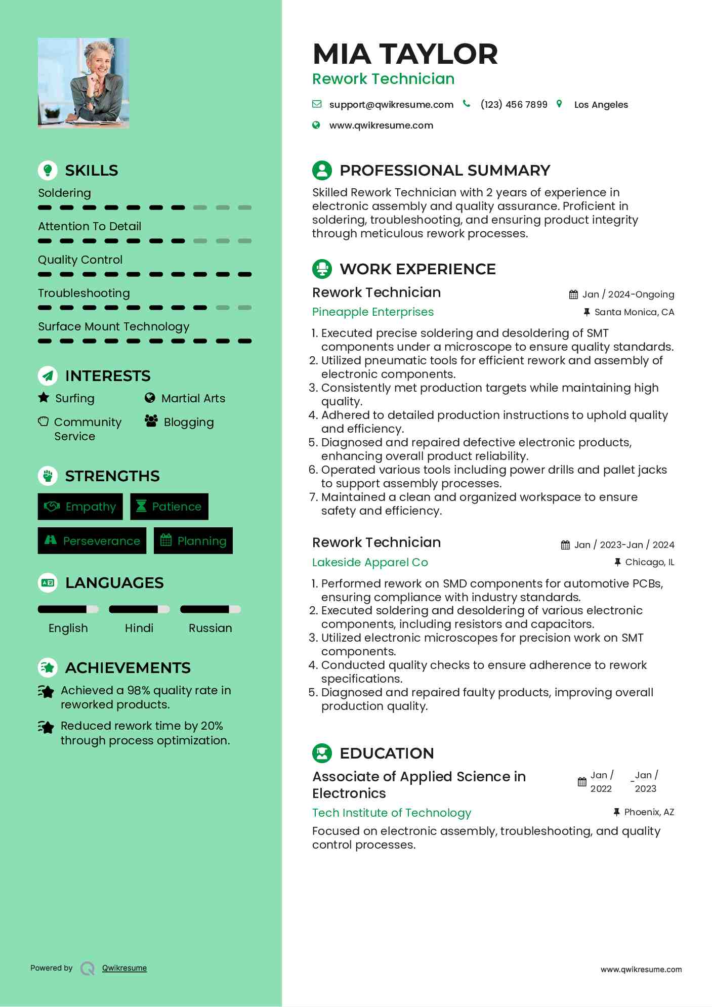 Rework Technician Resume Format