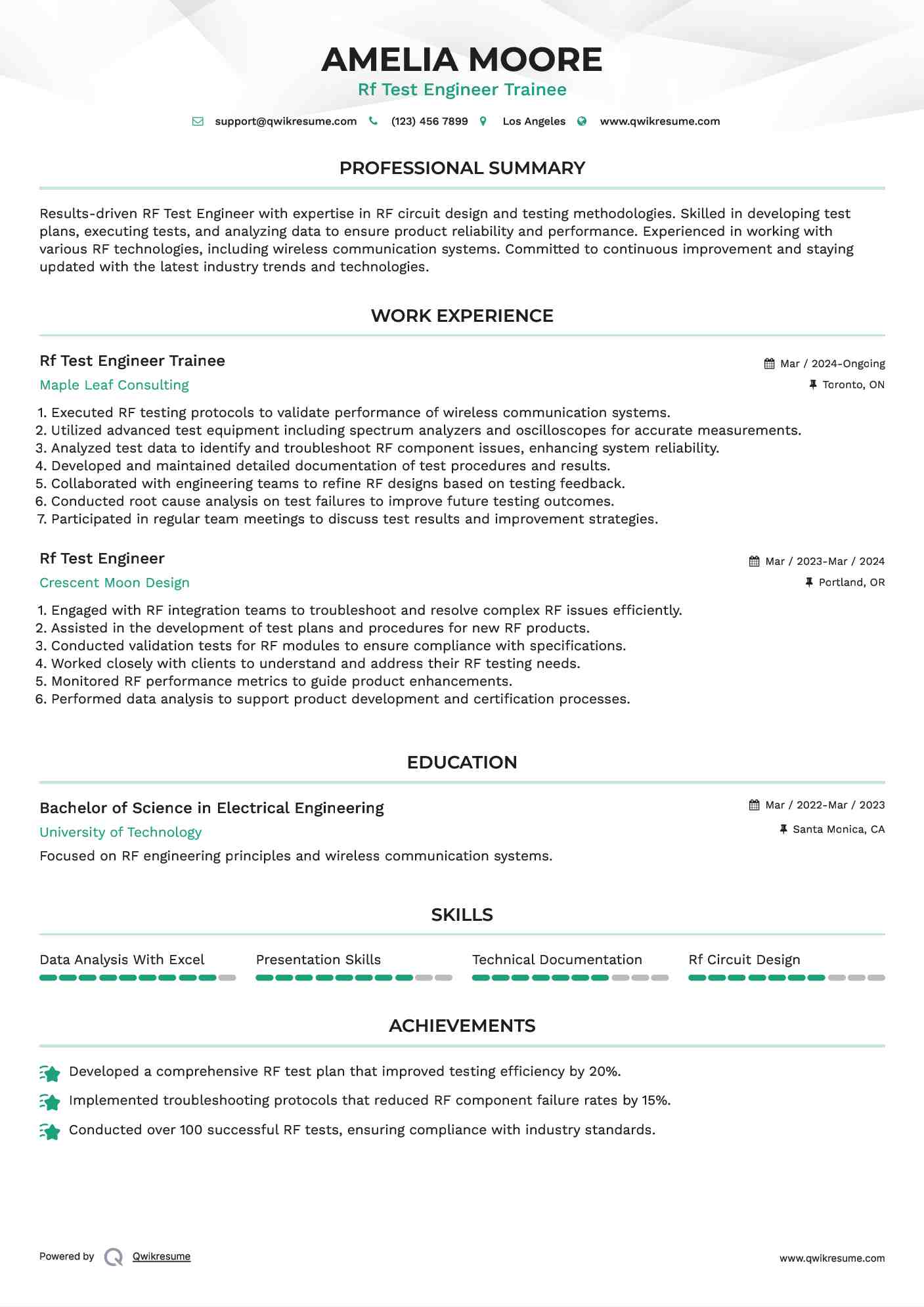 Rf Test Engineer Trainee Resume Sample