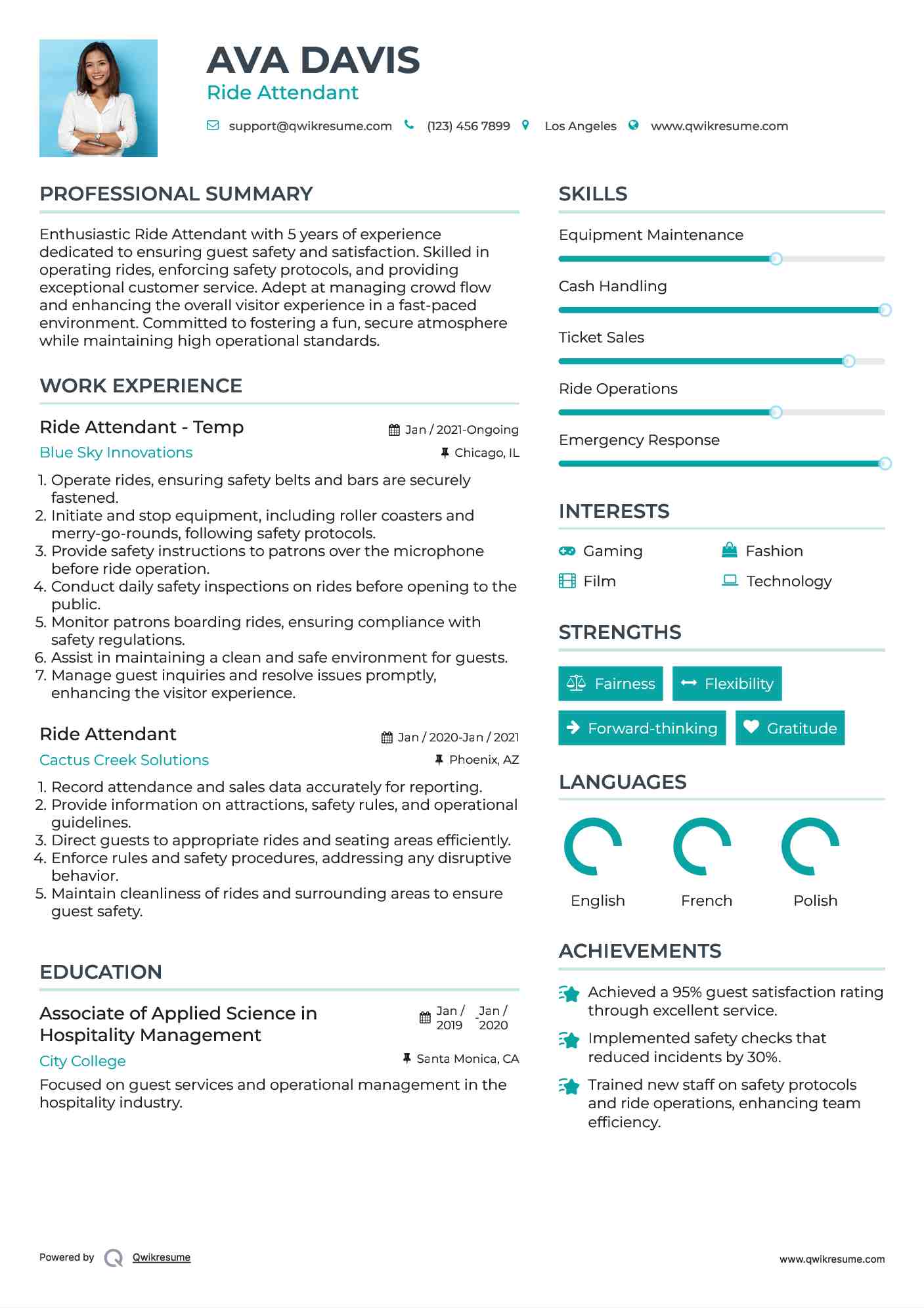 Ride Attendant - Temp Resume Sample