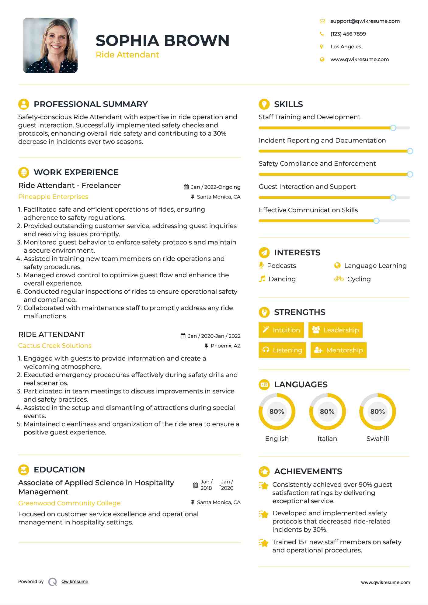 Ride Attendant Resume Samples QwikResume