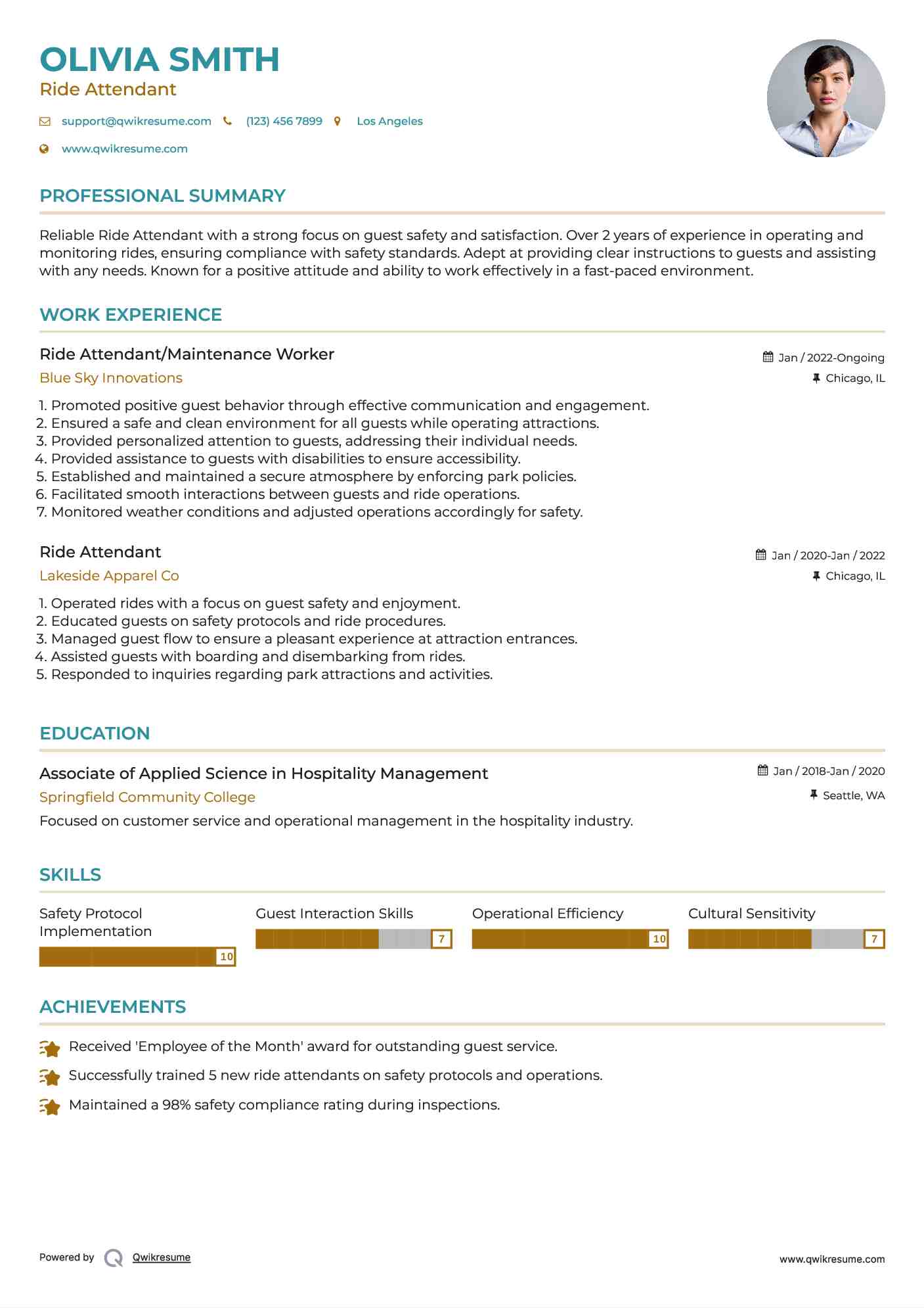 Ride Attendant Resume Samples QwikResume