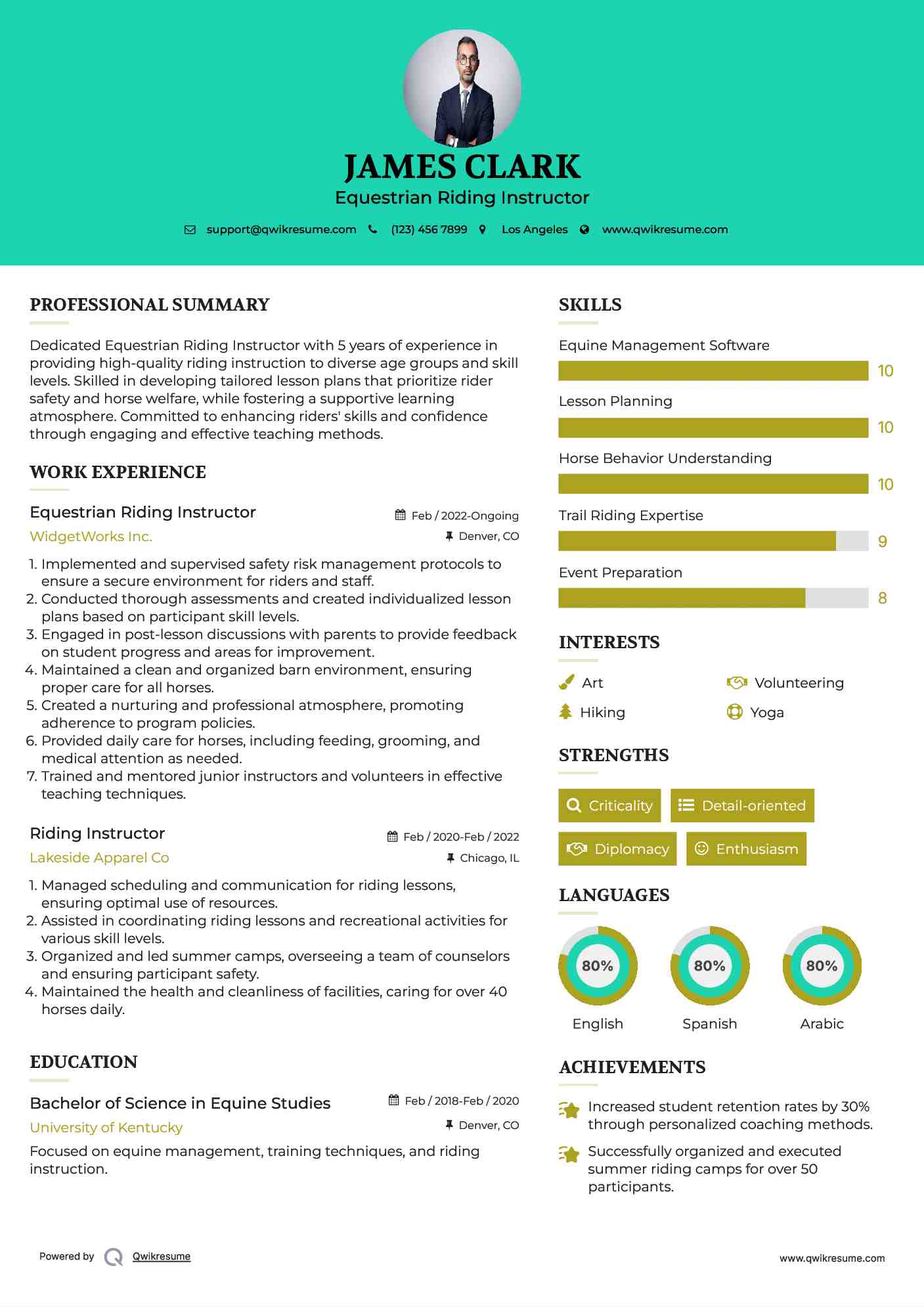Equestrian Riding Instructor Resume Example