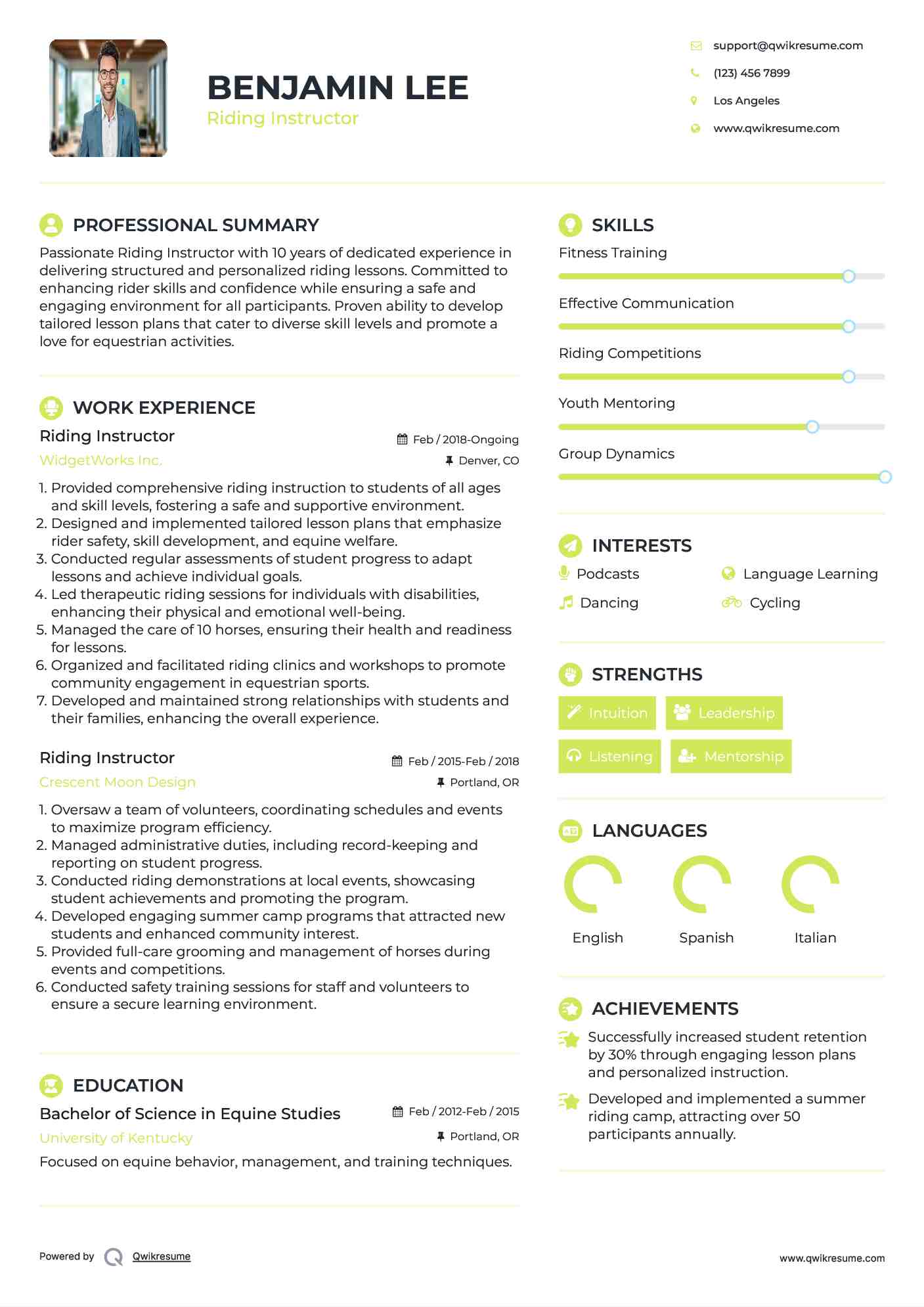 Riding Instructor Resume Example