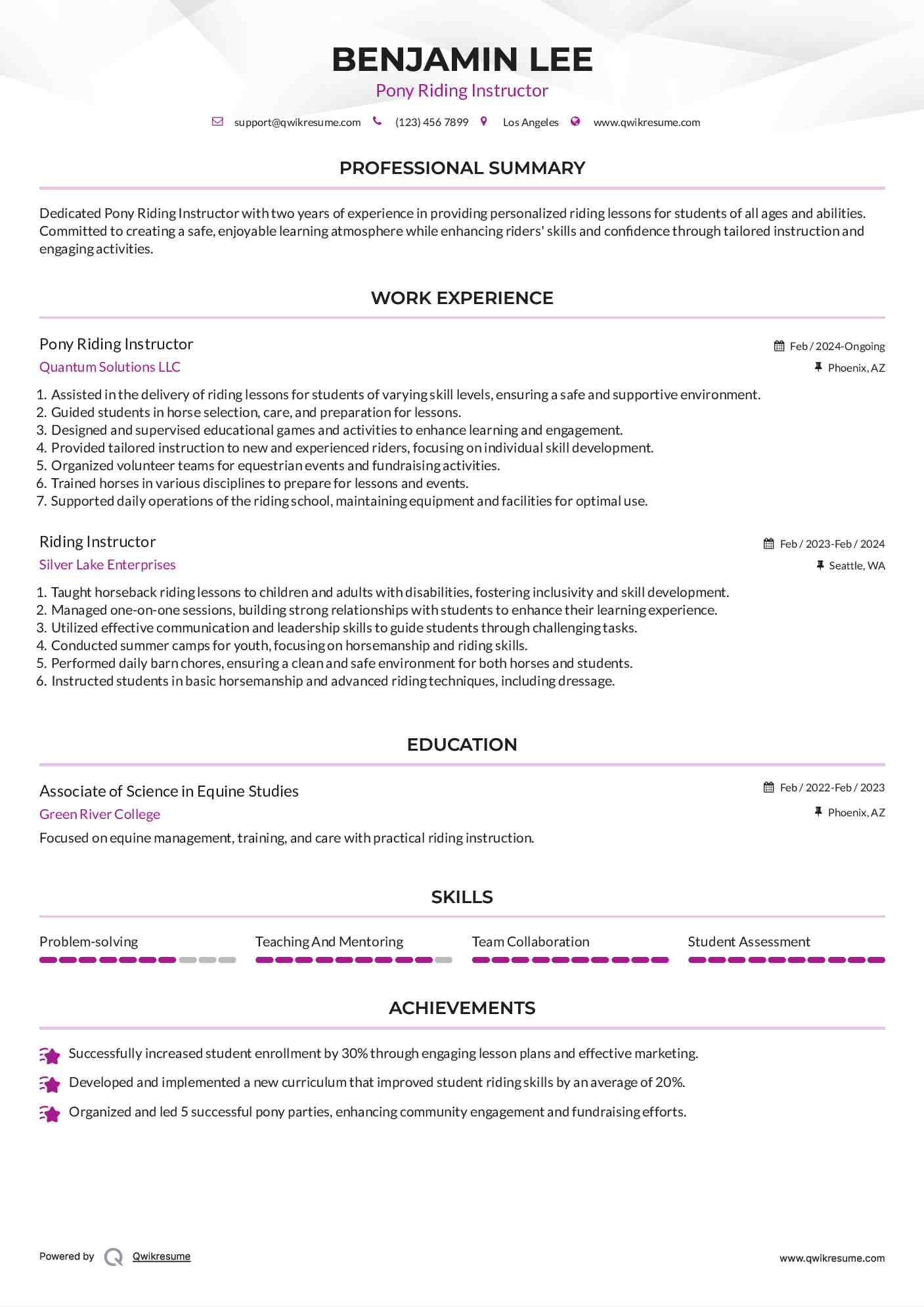 Pony Riding Instructor Resume Template