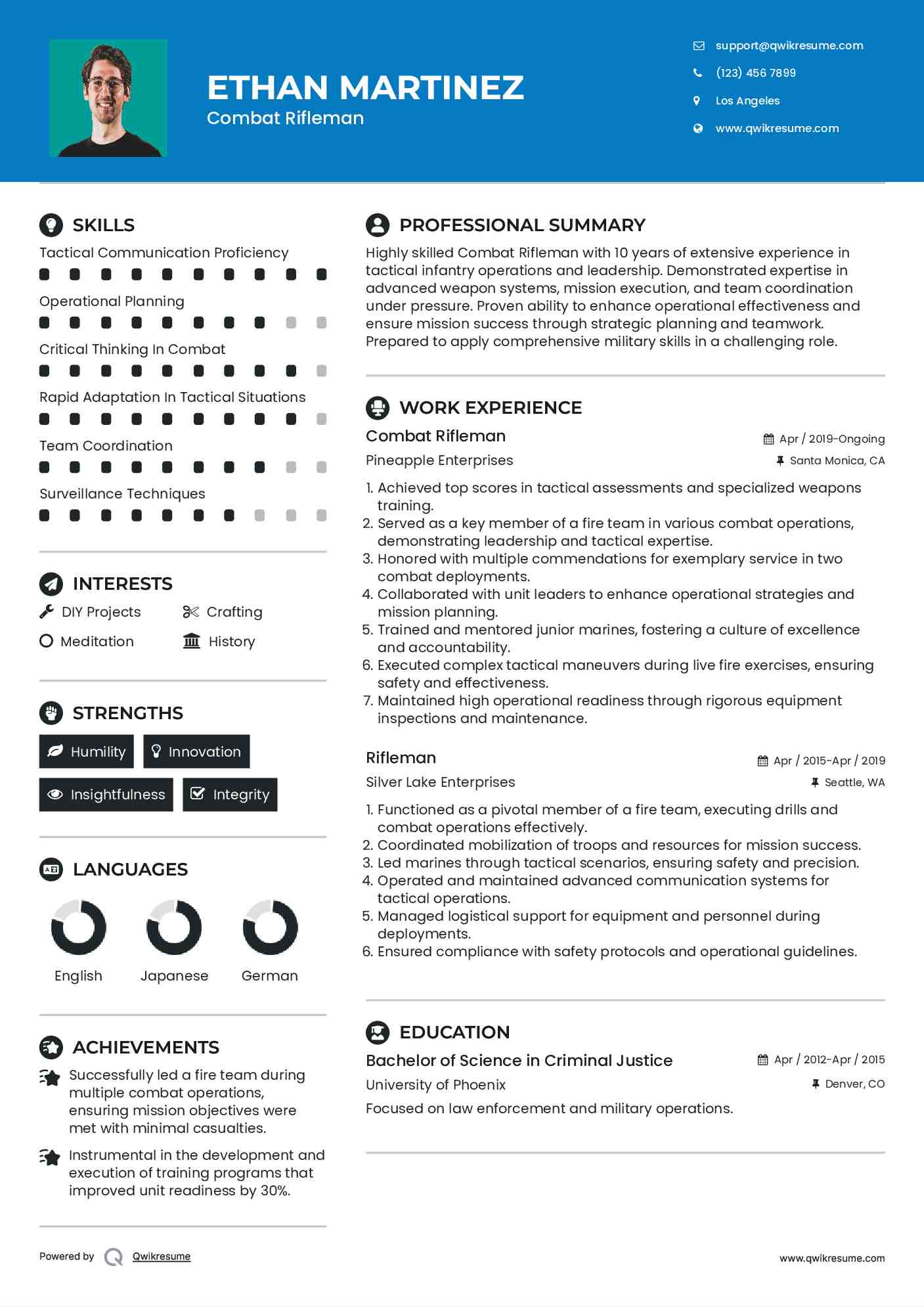 Combat Rifleman Resume Template