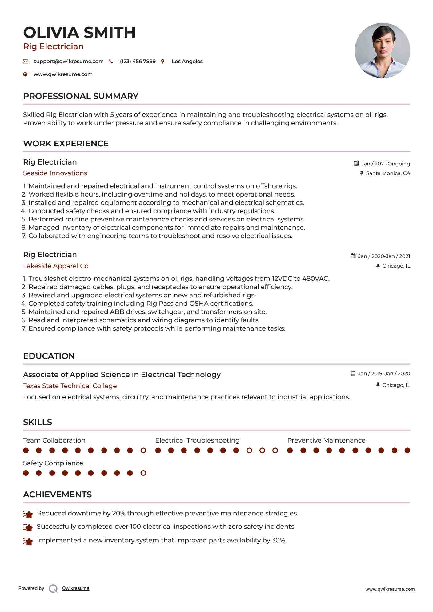 Rig Electrician Resume Samples QwikResume