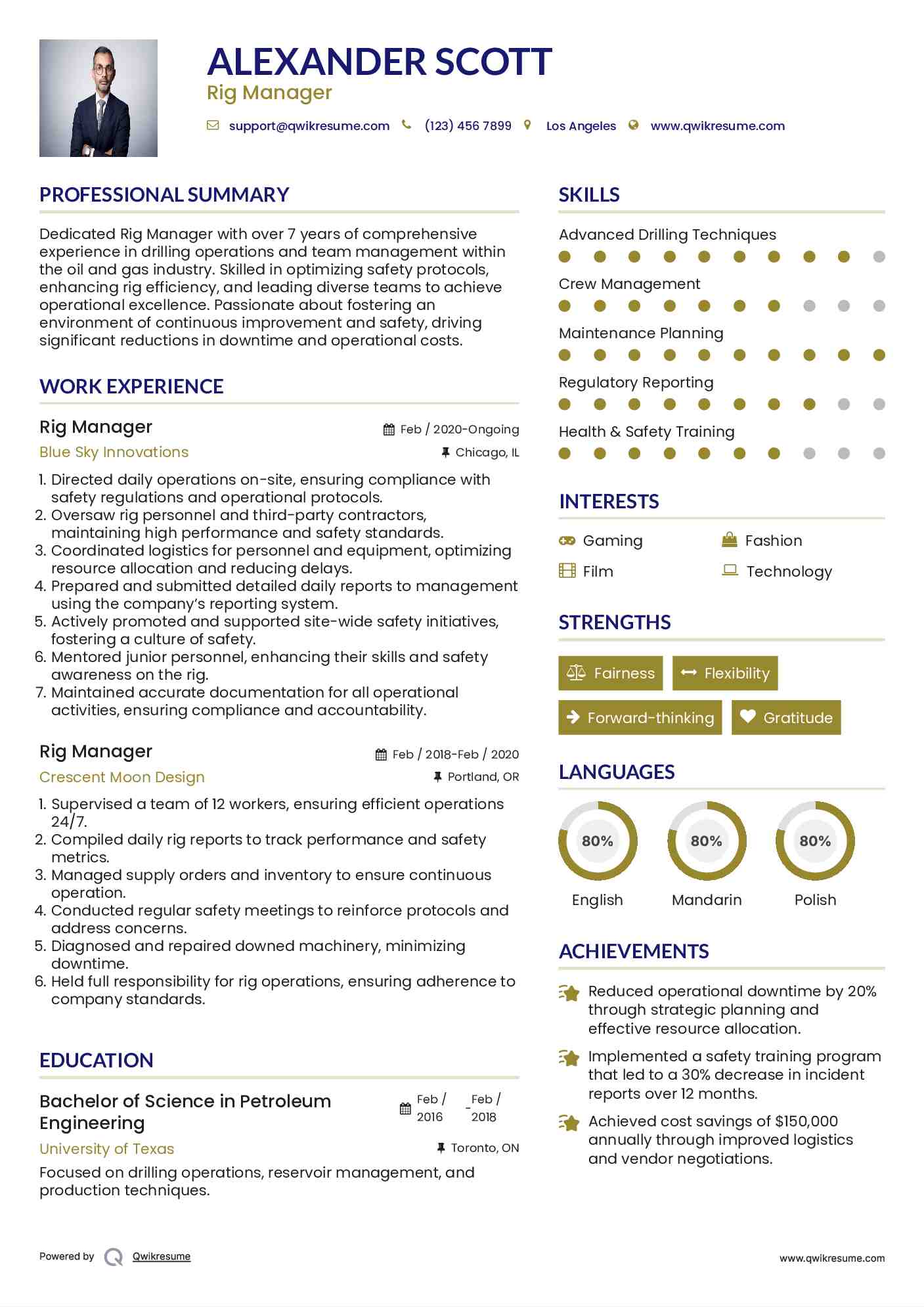 Rig Manager Resume Sample