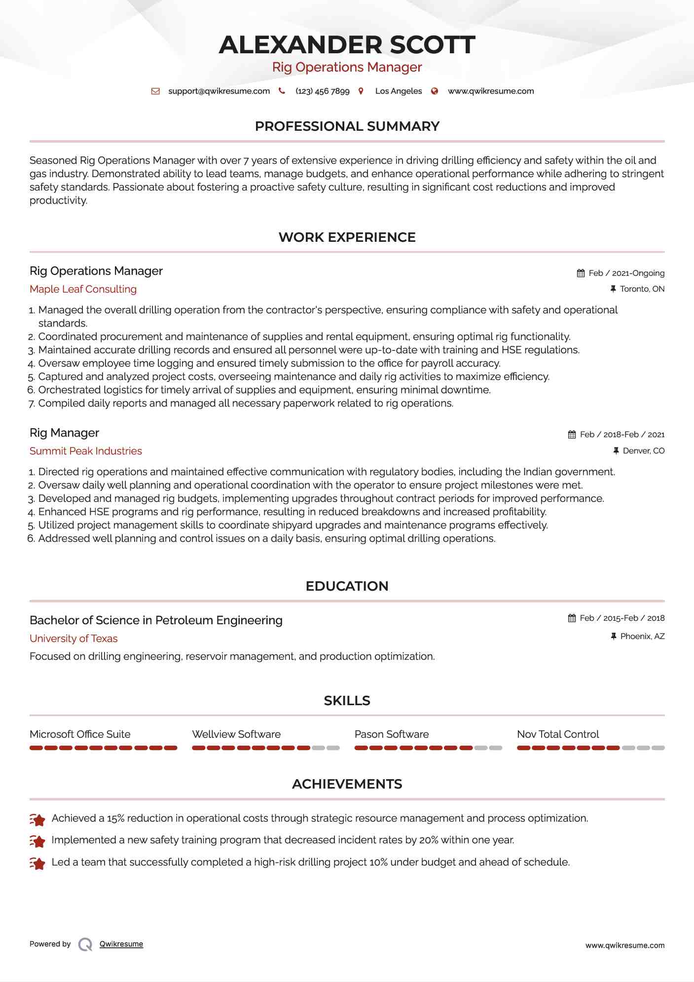 Rig Operations Manager Resume Template