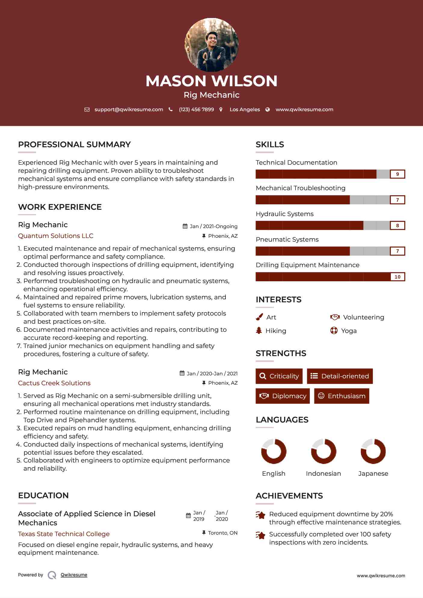 Rig Mechanic Resume Example