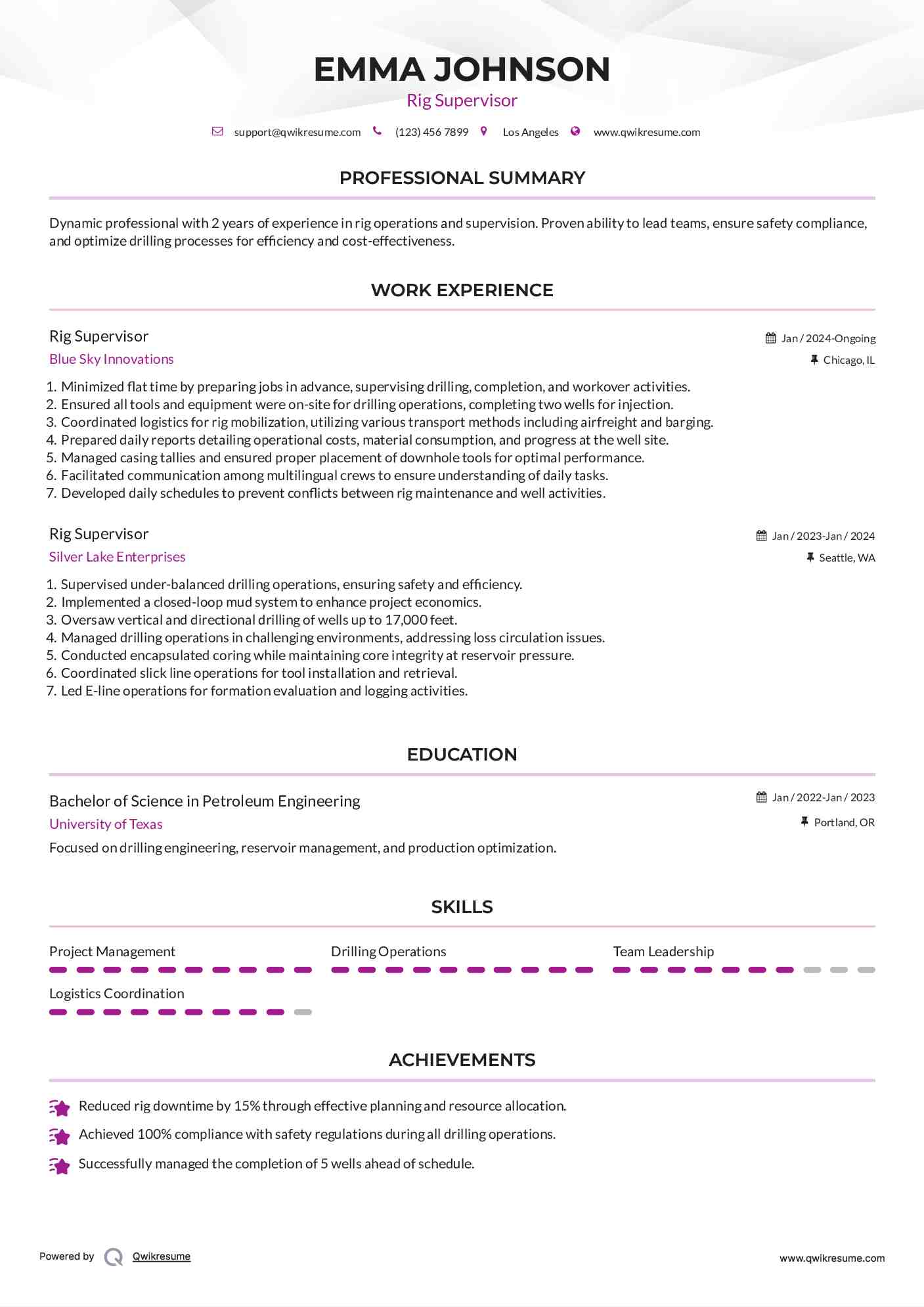 Rig Supervisor Resume Example