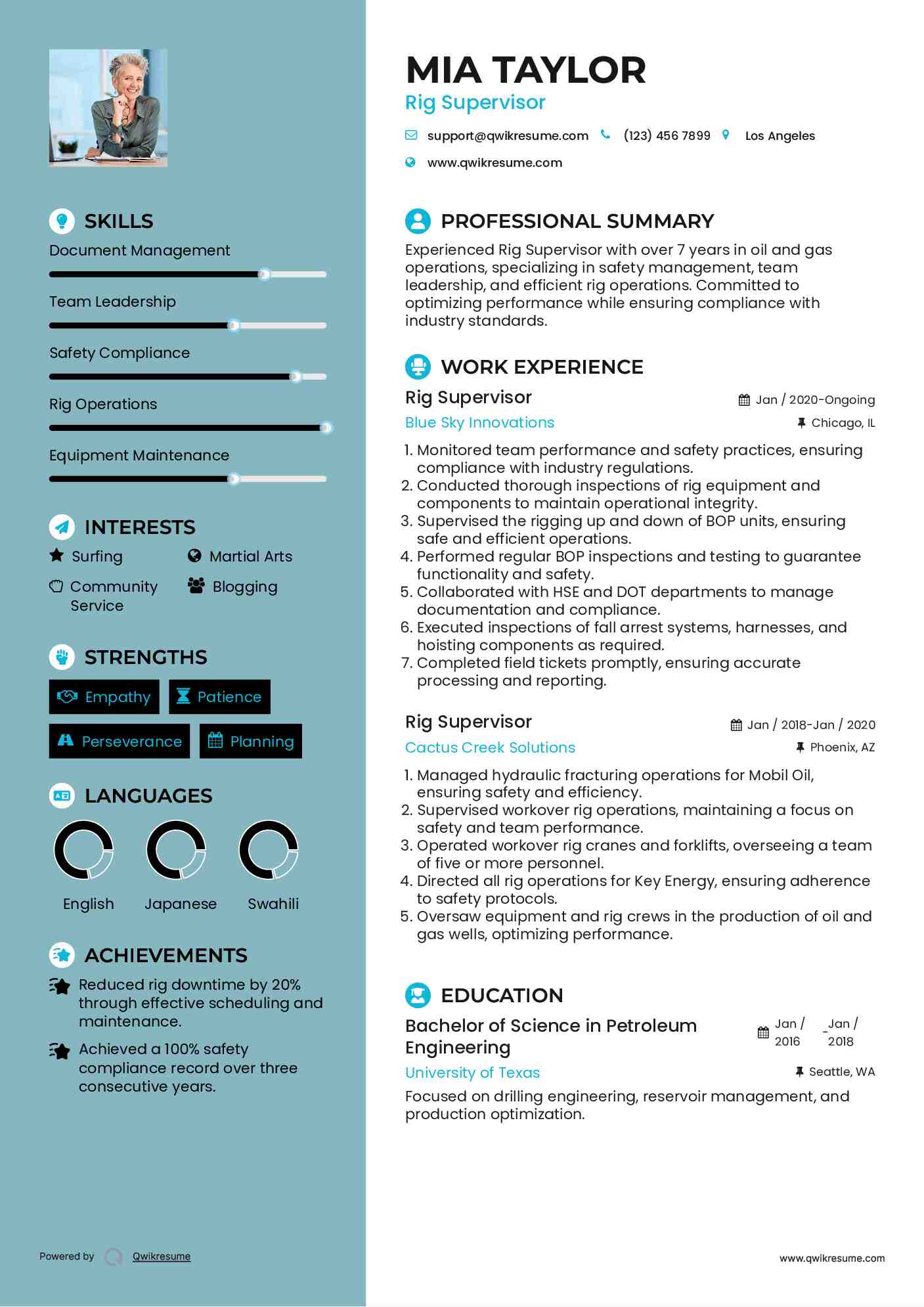 Rig Supervisor Resume Samples QwikResume