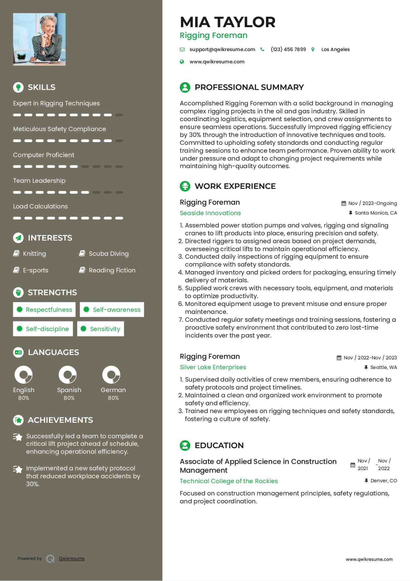 Rigging Foreman Resume Sample
