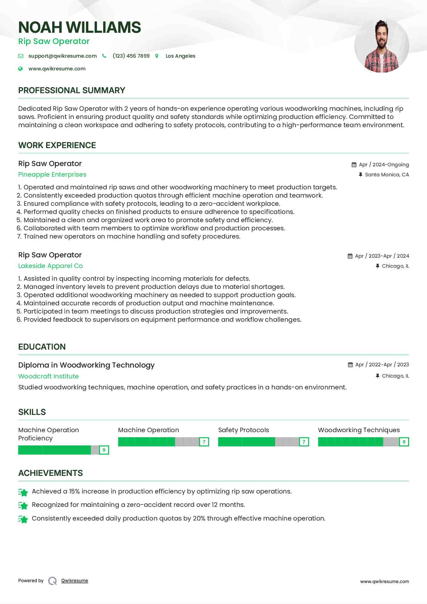Rip Saw Operator Resume Template