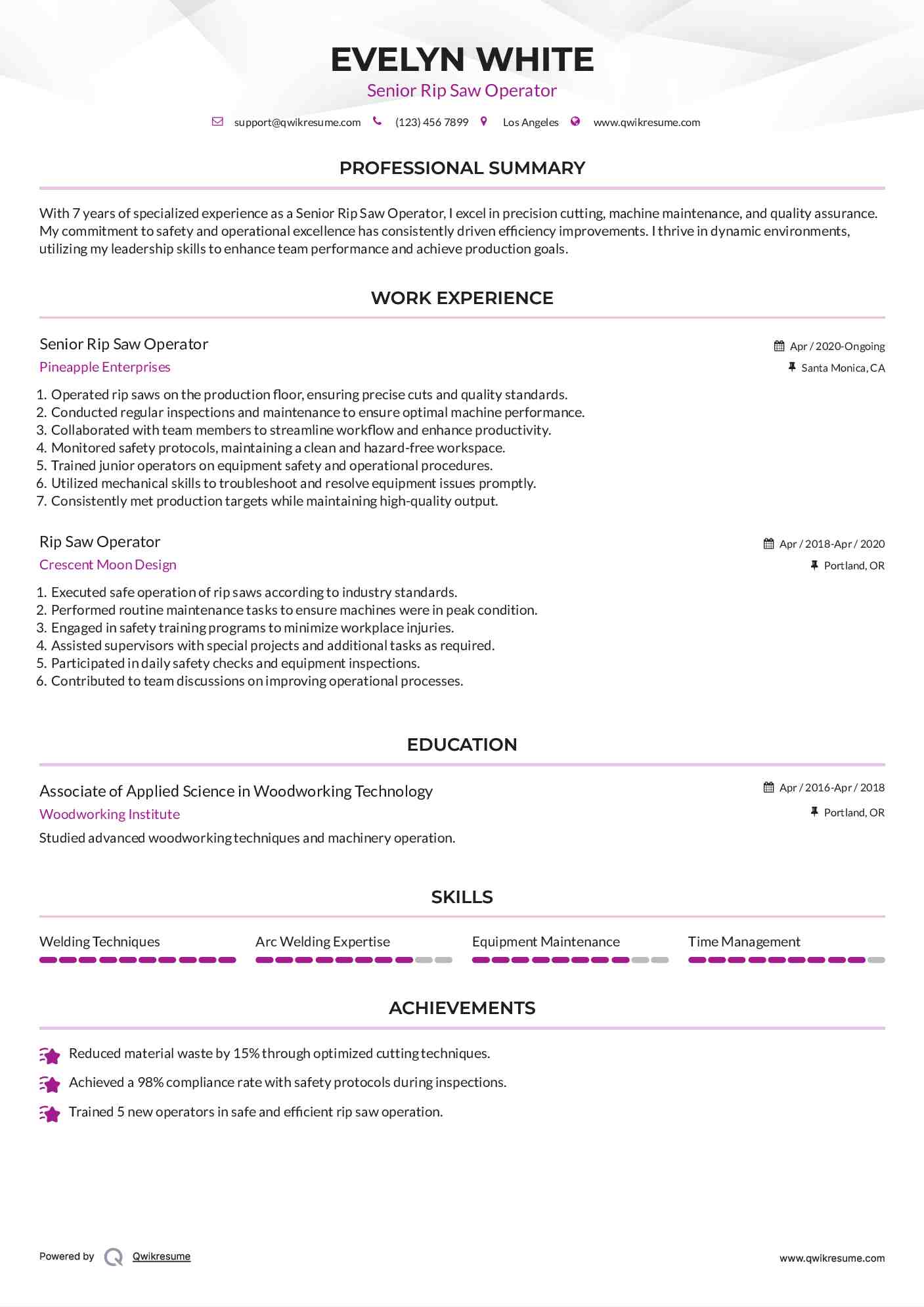 Senior Rip Saw Operator Resume Format