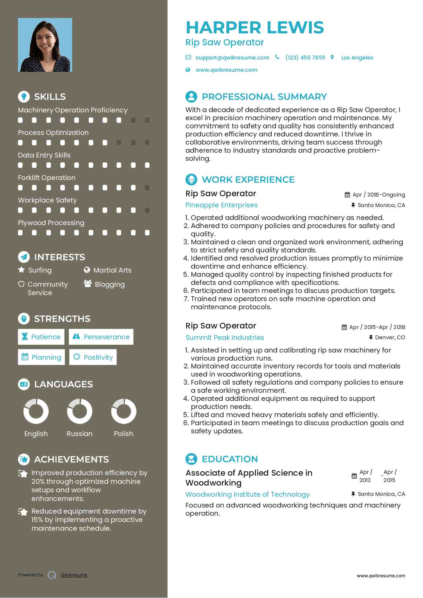 Rip Saw Operator Resume Sample
