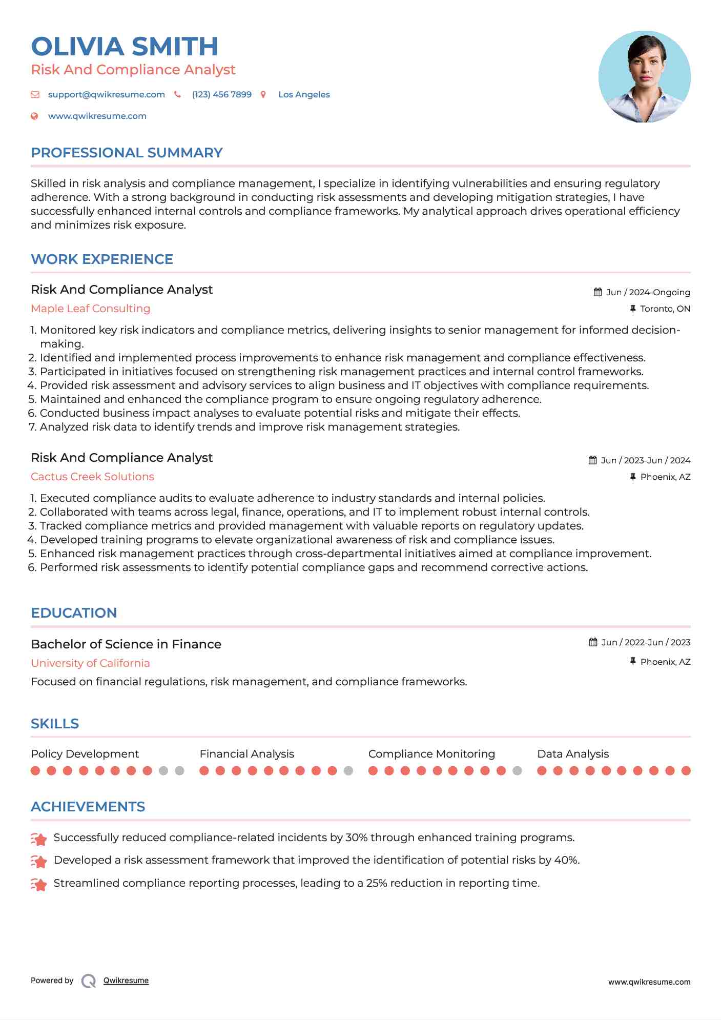 Risk And Compliance Analyst Resume Example