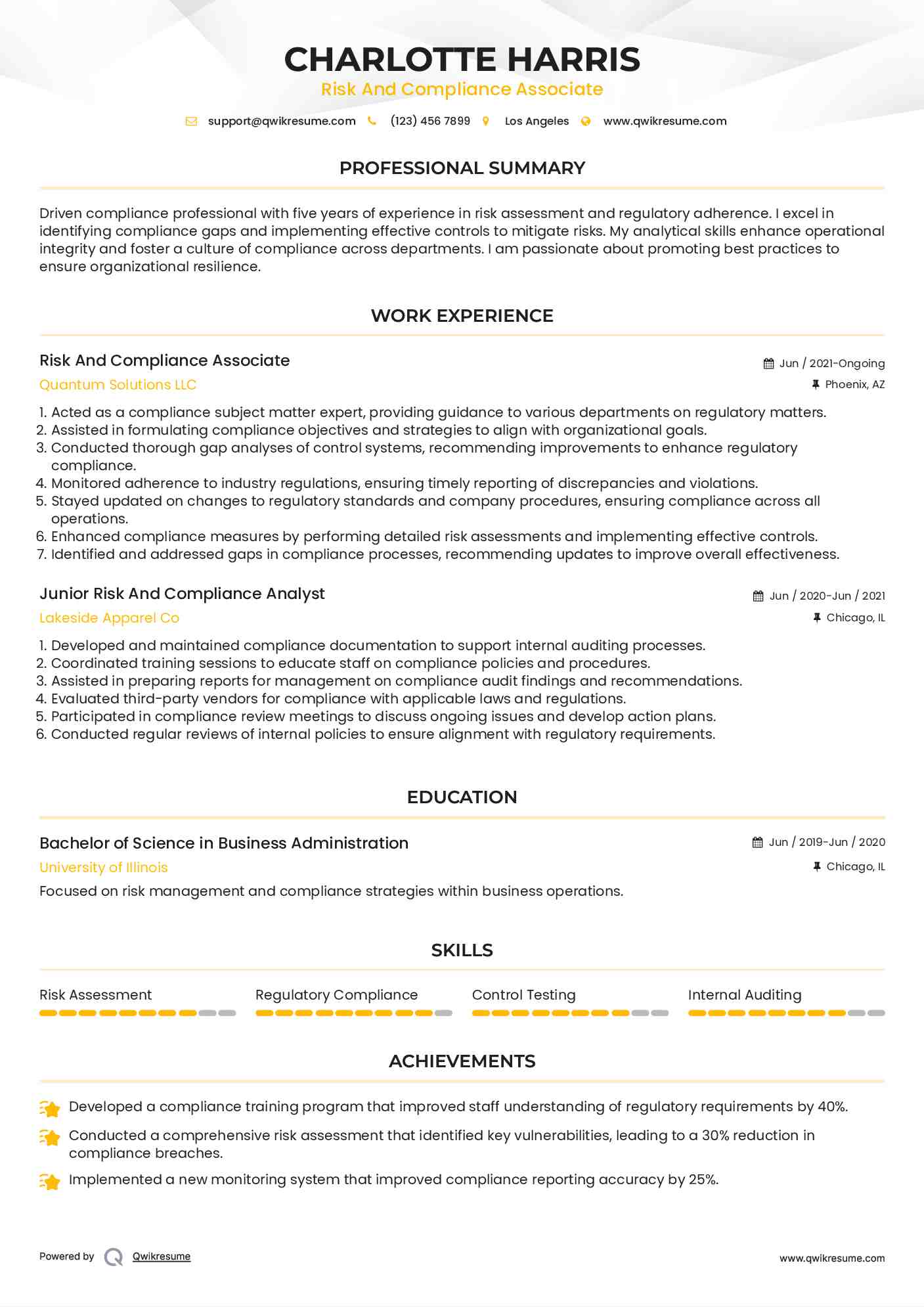 Risk And Compliance Associate Resume Sample