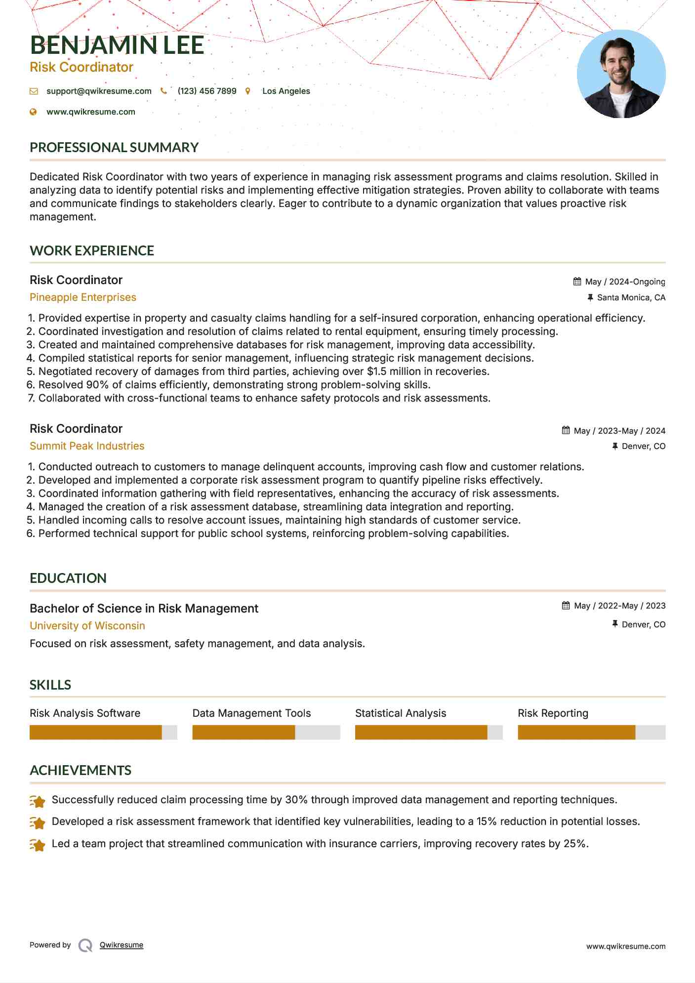 Risk Coordinator Resume Example